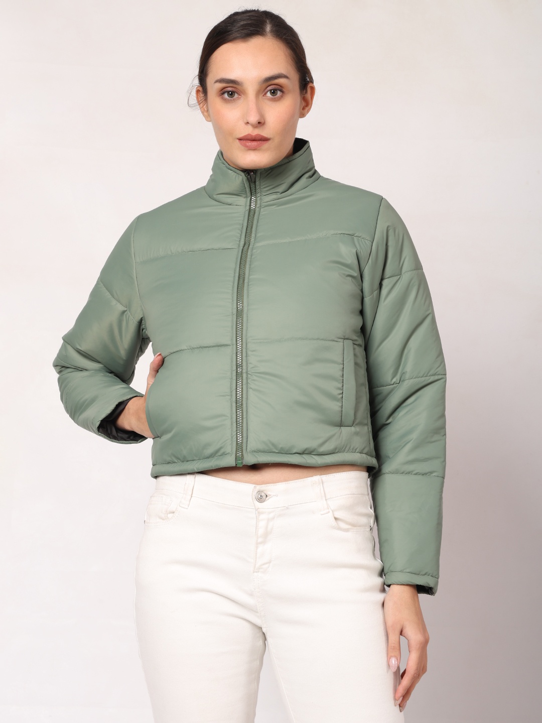 

Mark Leute Reversible Mock Collar Crop Padded Jacket, Green