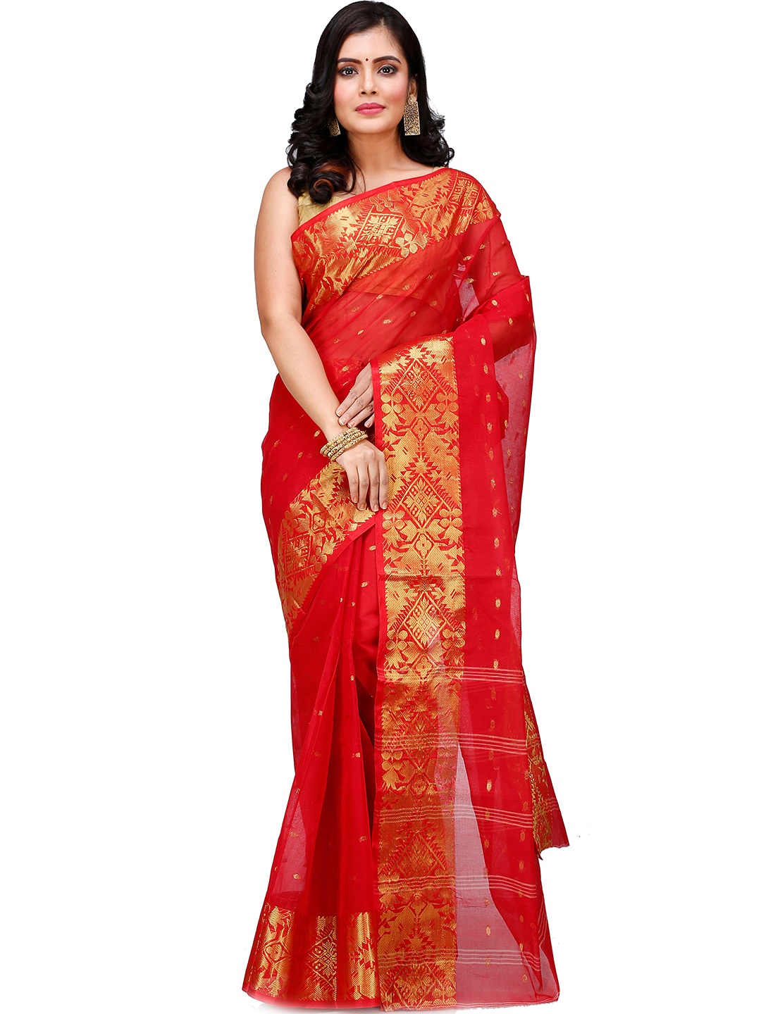 

PuJoy Woven Design Zari Pure Cotton Taant Saree, Red