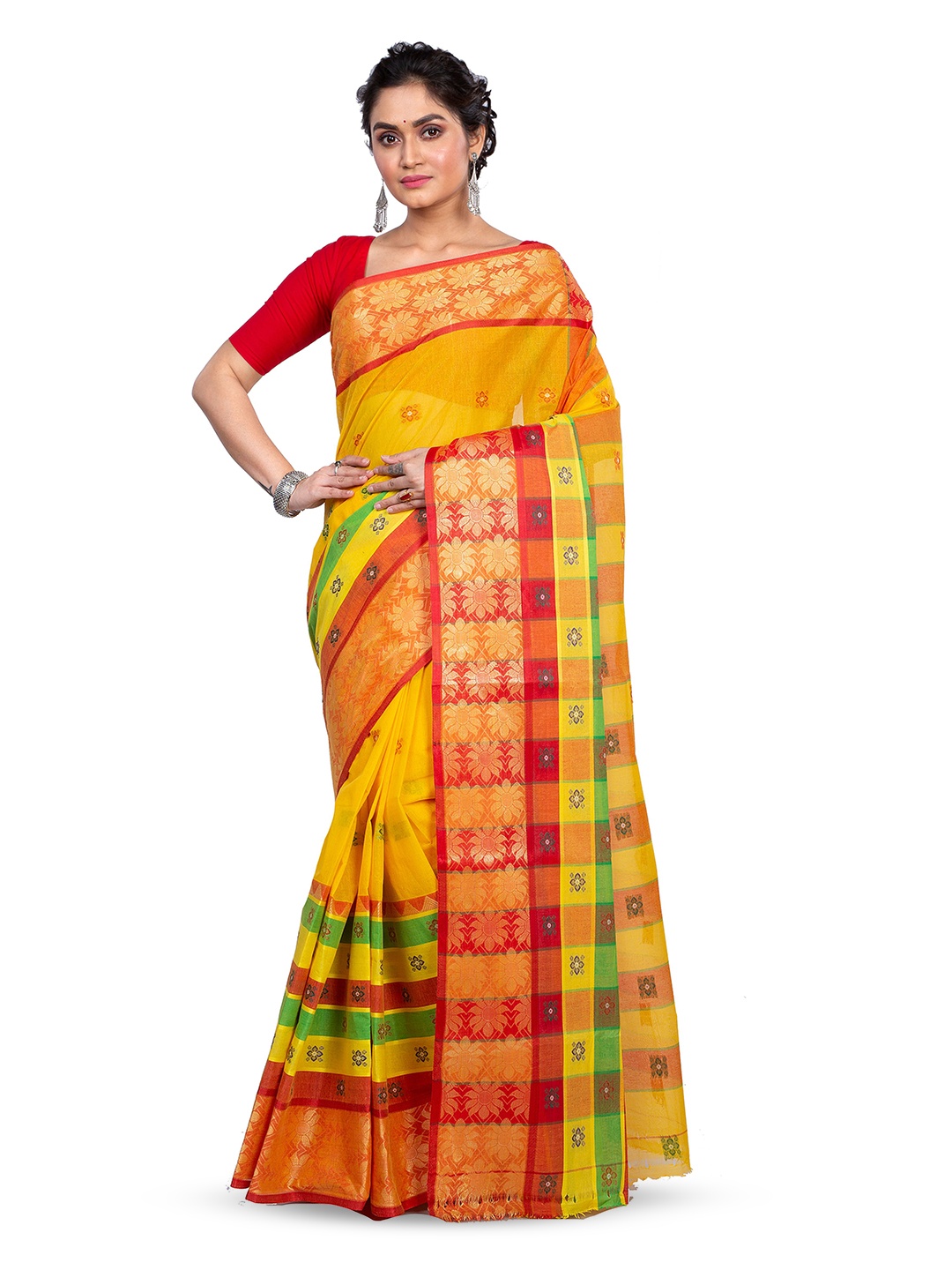 

PuJoy Woven Design Zari Pure Cotton Taant Saree, Yellow