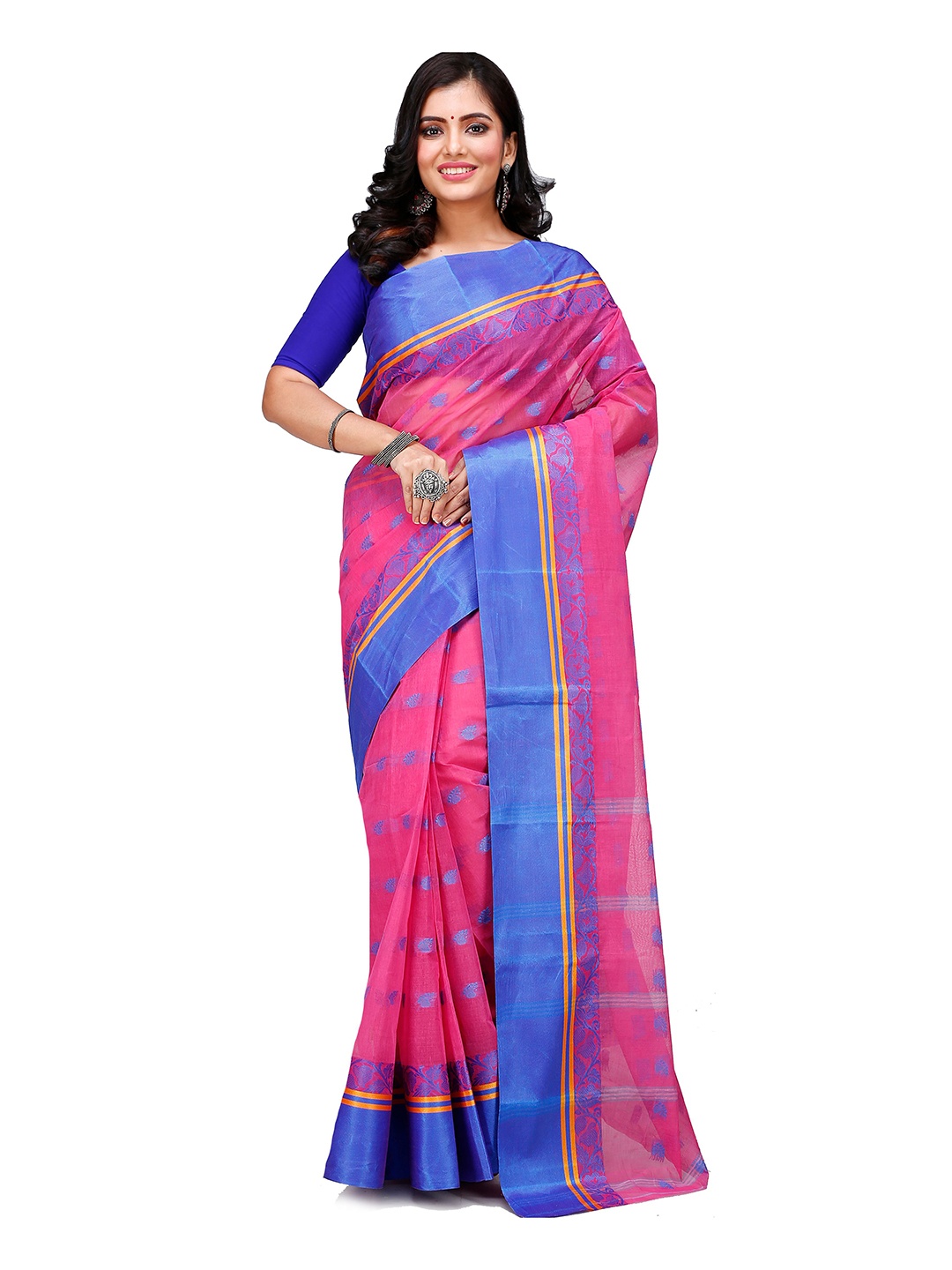 

PuJoy Woven Design Pure Cotton Taant Saree, Pink