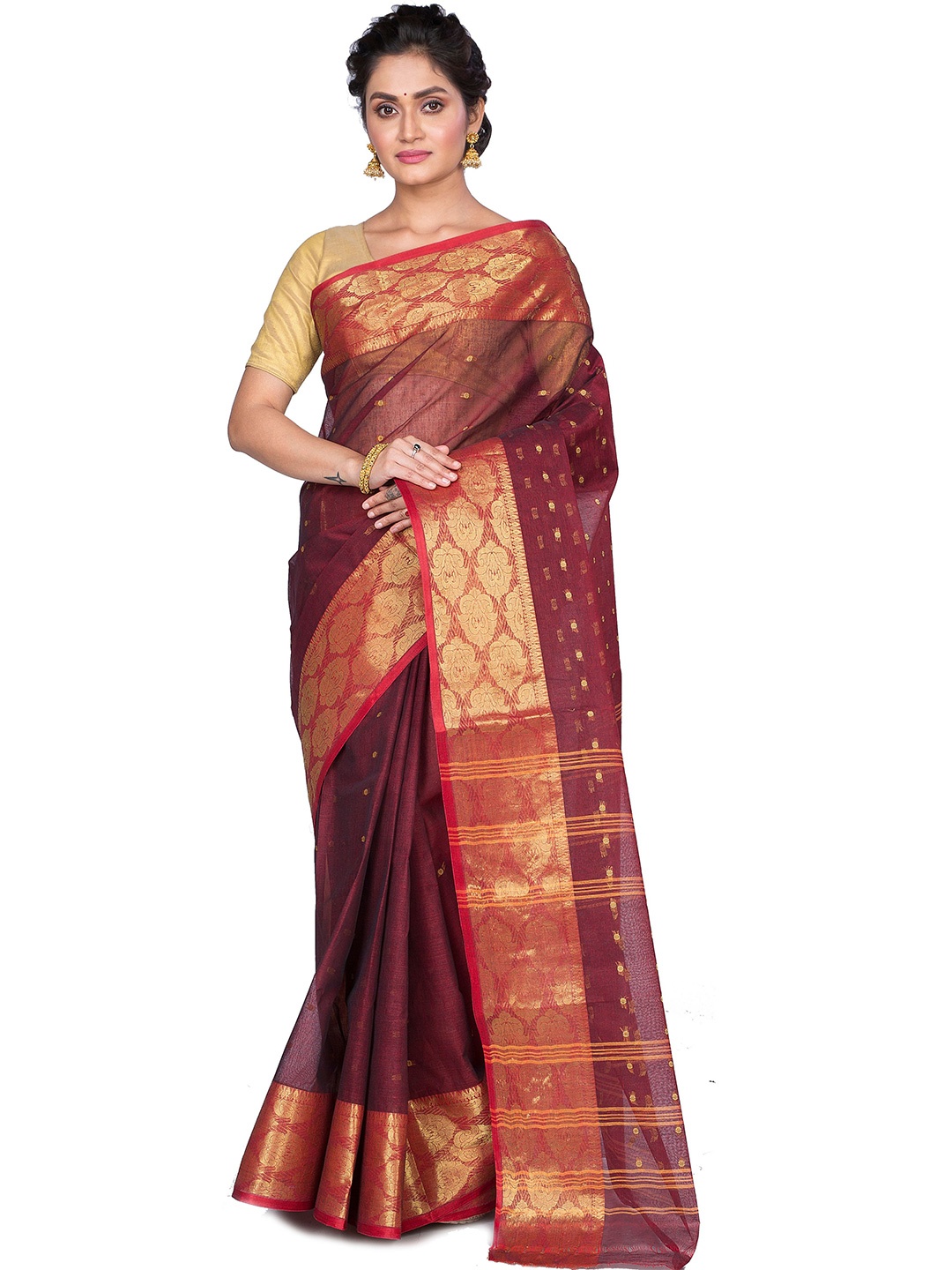 

PuJoy Ethnic Motifs Zari Pure Cotton Taant Saree, Brown