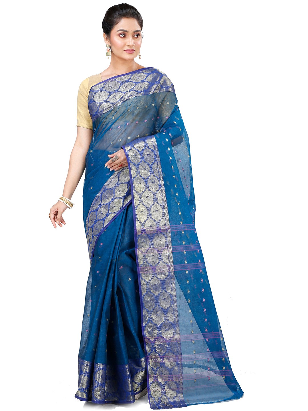 

PuJoy Navy Woven Design Zari Pure Cotton Taant Saree, Navy blue