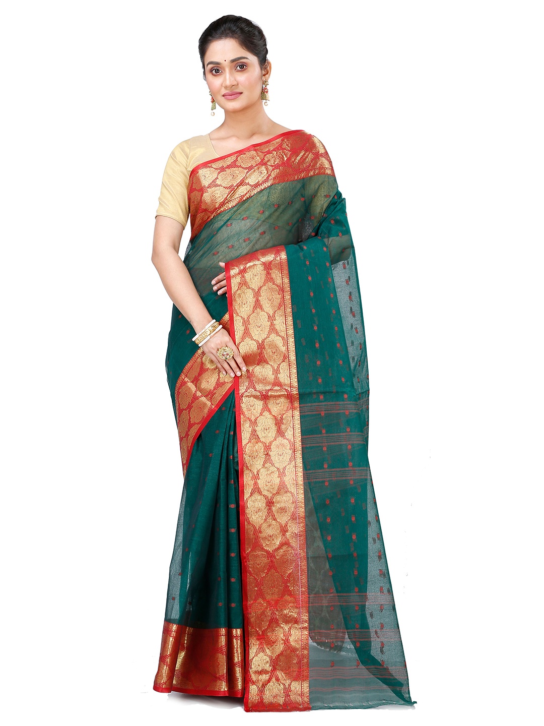 

PuJoy Woven Design Zari Pure Cotton Taant Saree, Green
