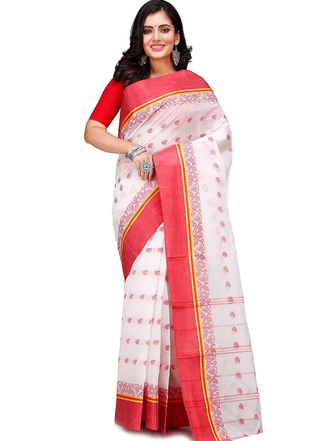 

PuJoy Woven Design Pure Cotton Taant Saree, White