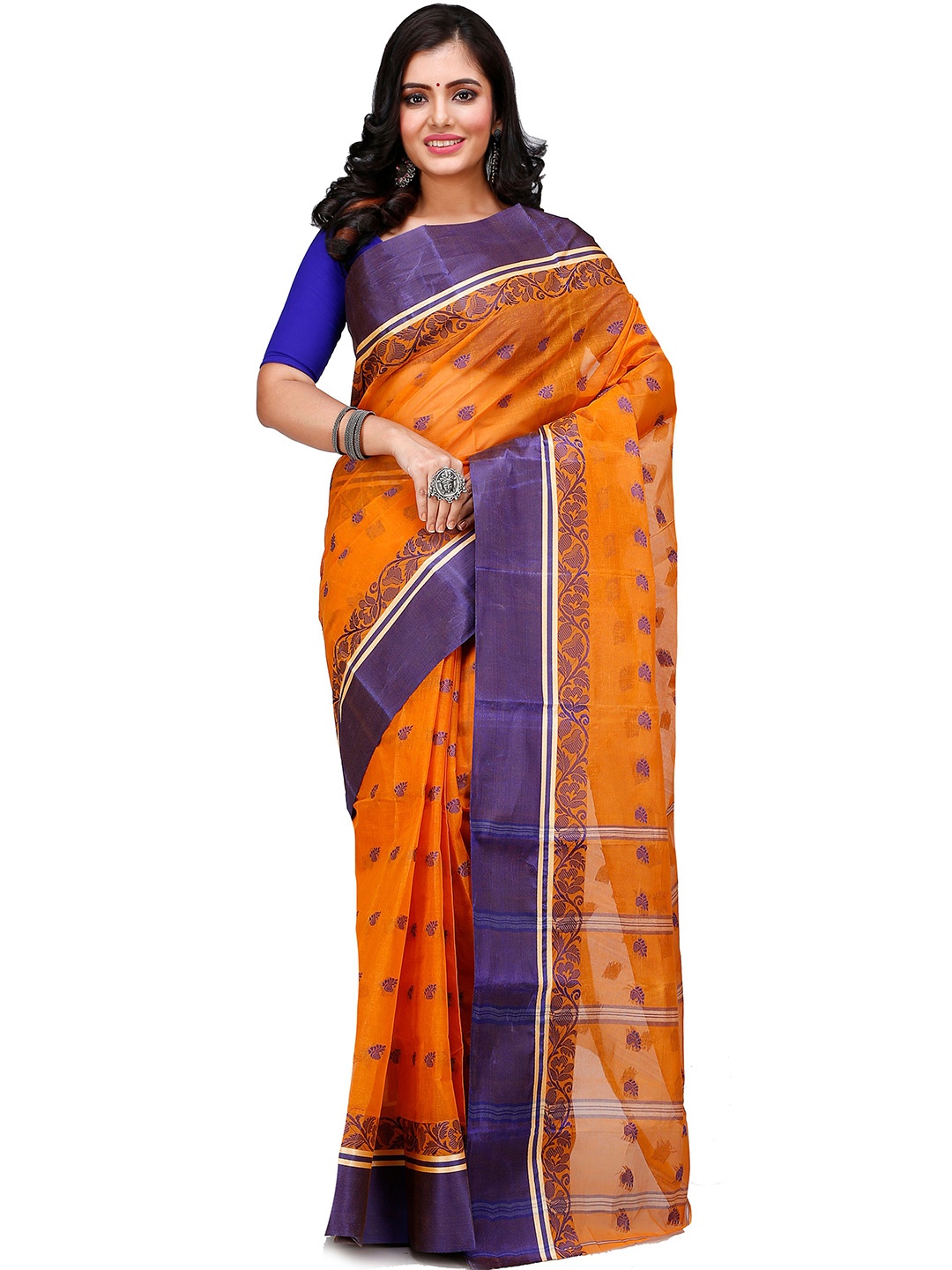 

PuJoy Ethnic Motifs Woven Design Pure Cotton Handloom Taant Saree, Orange