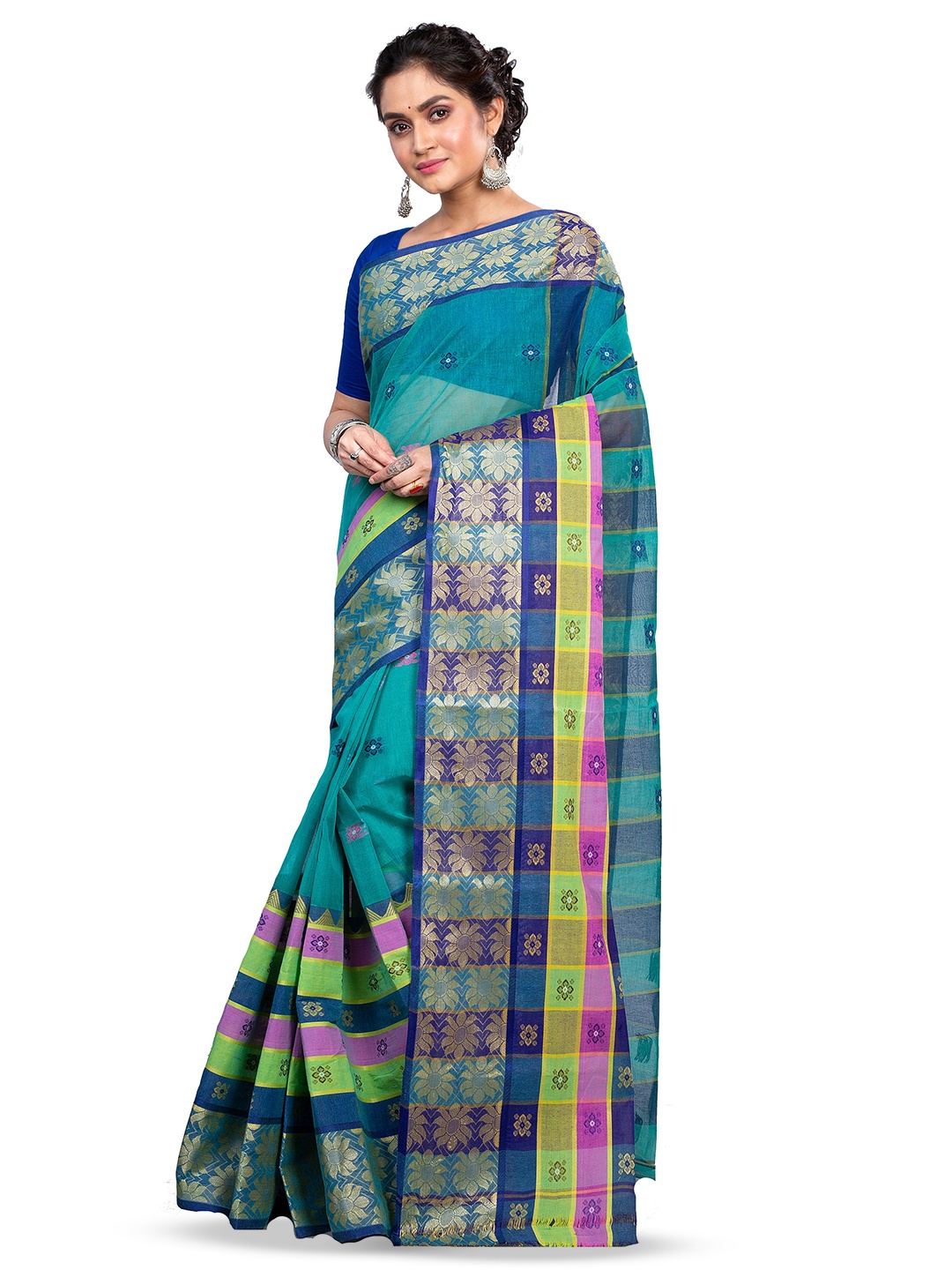 

PuJoy Ethnic Motifs Woven Design Zari Pure Cotton Handloom Taant Saree, Green