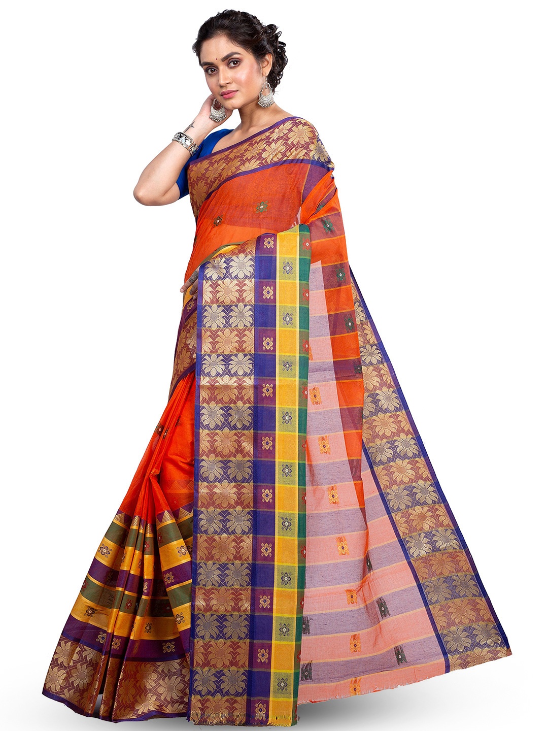 

PuJoy Woven Design Zari Pure Cotton Taant Saree, Orange