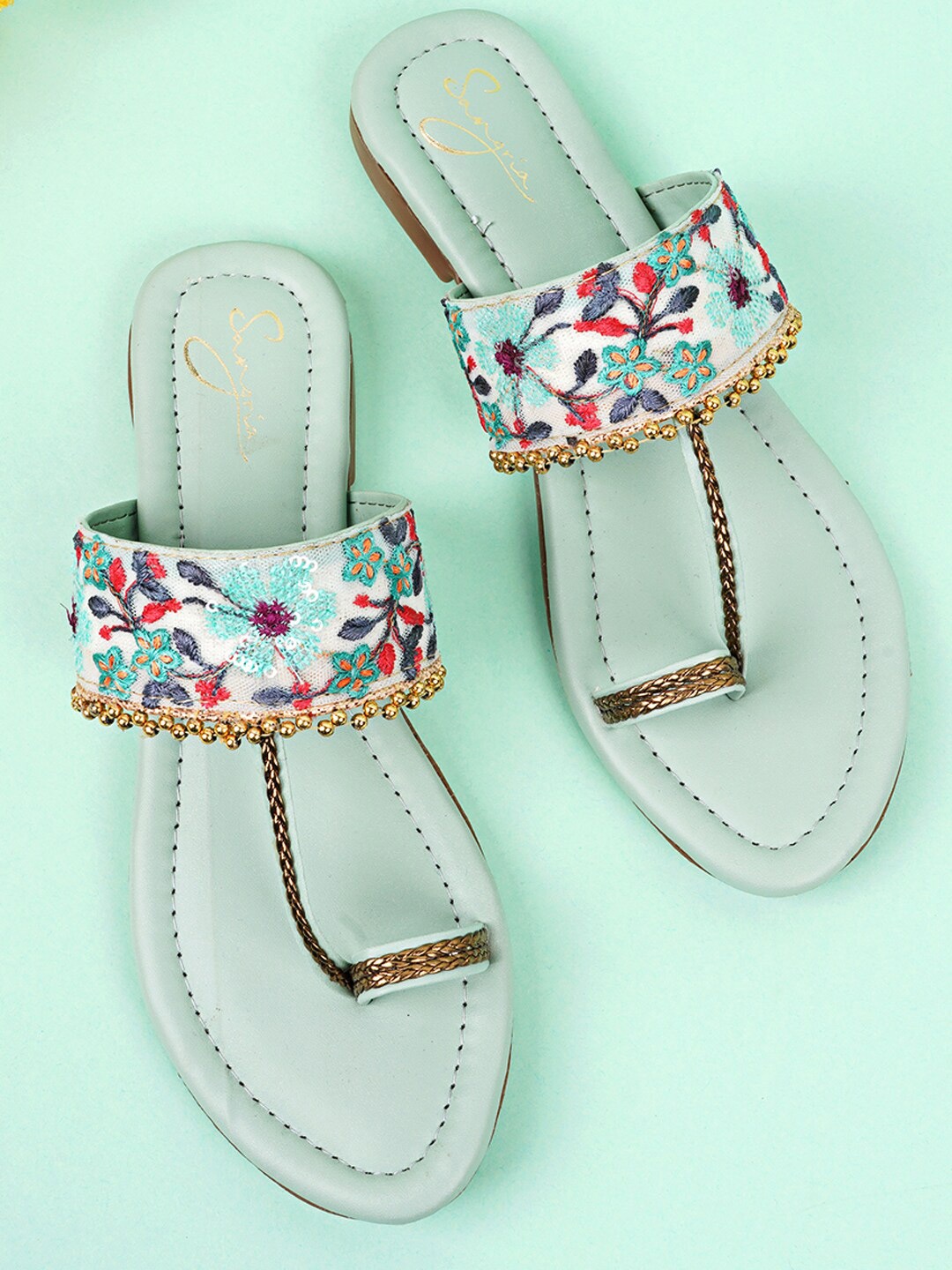 

Sangria Floral Embroidered One Toe Flats, Blue