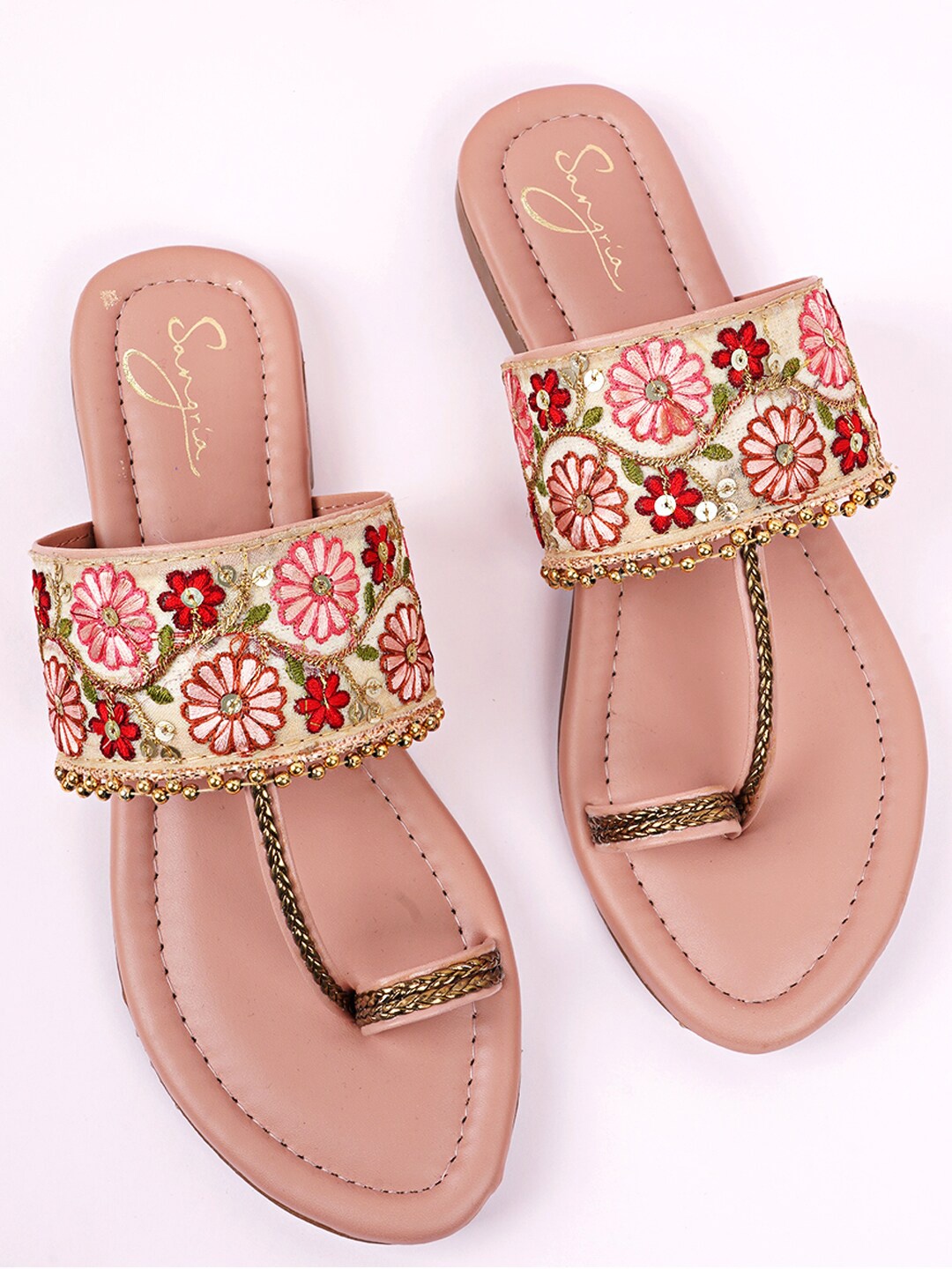 

Sangria Floral Embroidered One Toe Flats, Peach