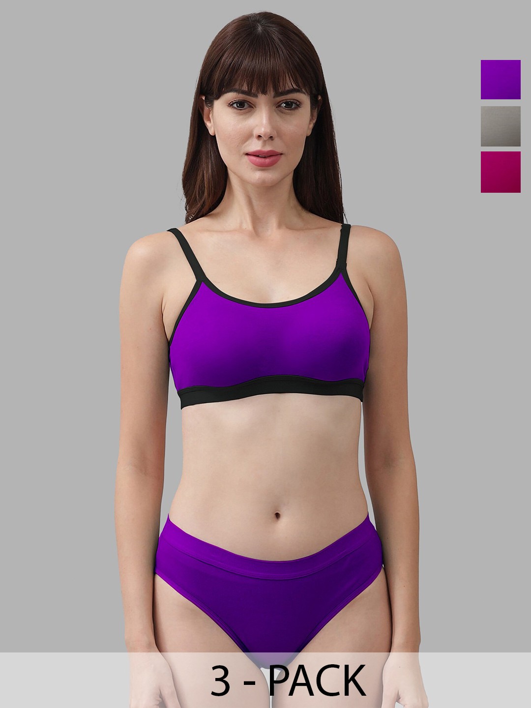 

AROUSY Pack Of 3 Non Padded Cotton Bra With Bikini Brief, Purple