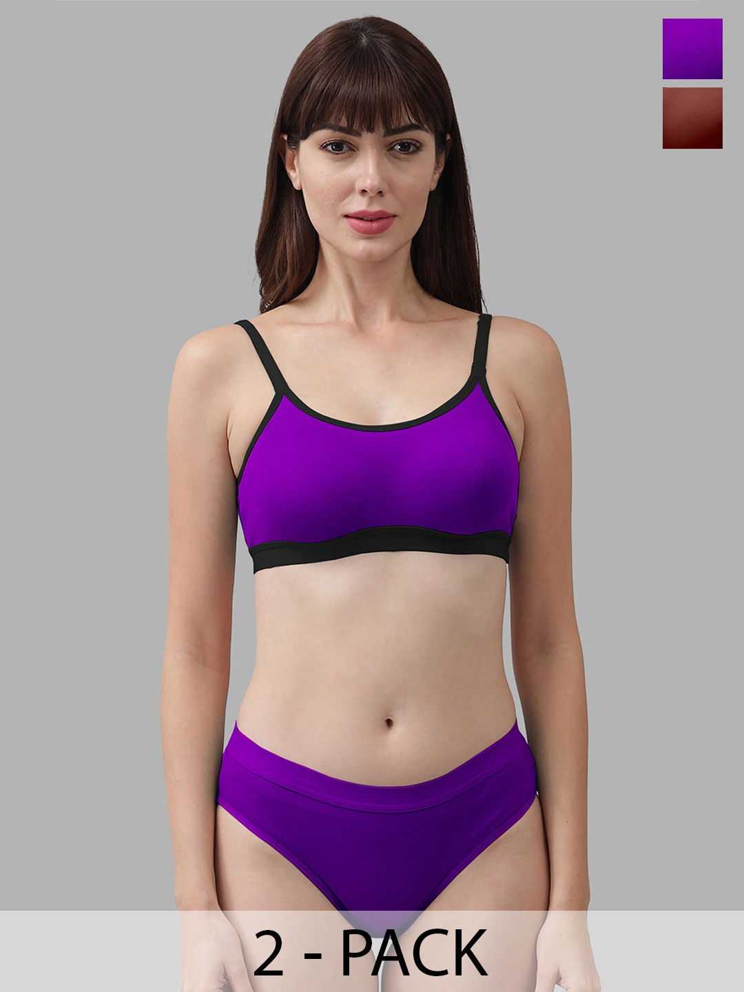 

AROUSY Pack Of 2Cotton Mid-Rise Briefs & Non Padded Bra, Purple