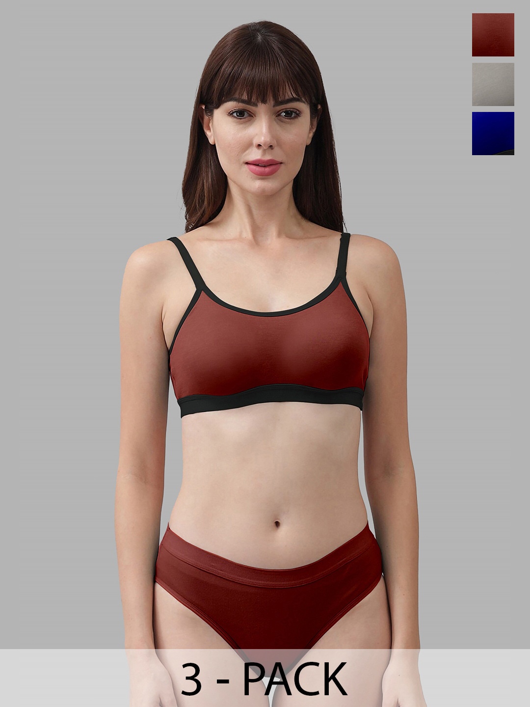 

AROUSY Pack Of 3 Cotton Mid-Rise Briefs & Non Padded Bra, Blue
