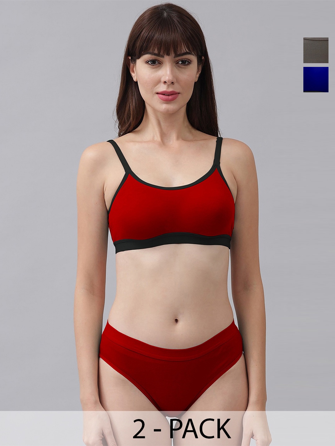 

AROUSY Pack Of 2 Cotton Mid-Rise Briefs & Non Padded Bra, Grey