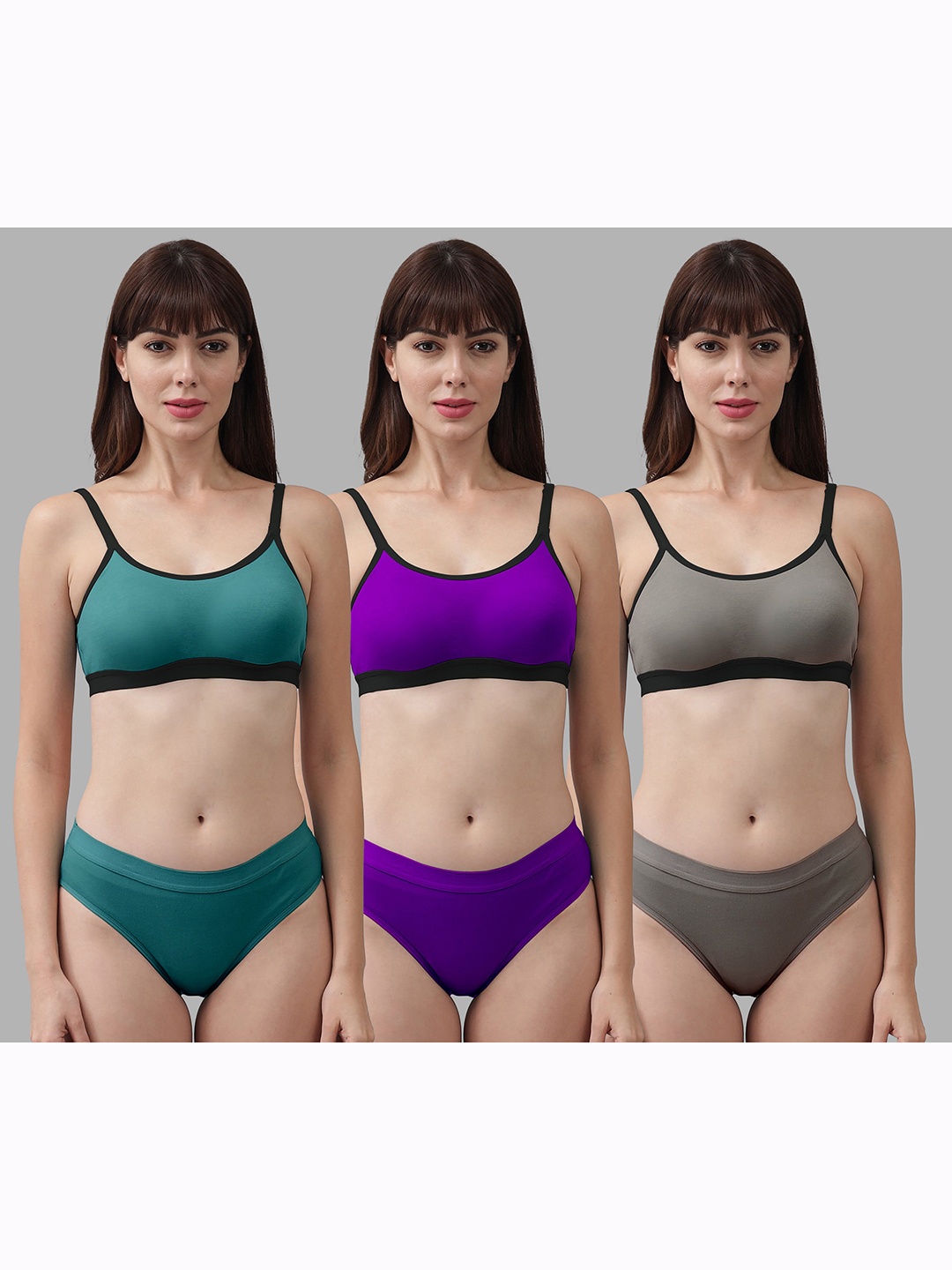 AROUSY Pack of 3 Cotton Non-Padded Lingerie Set, Green