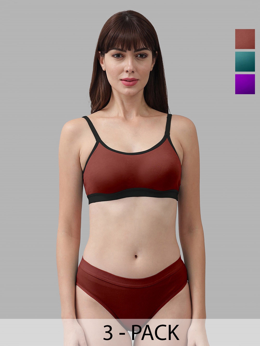 

AROUSY Pack Of 3 Cotton Mid-Rise Briefs & Non Padded Bra, Green