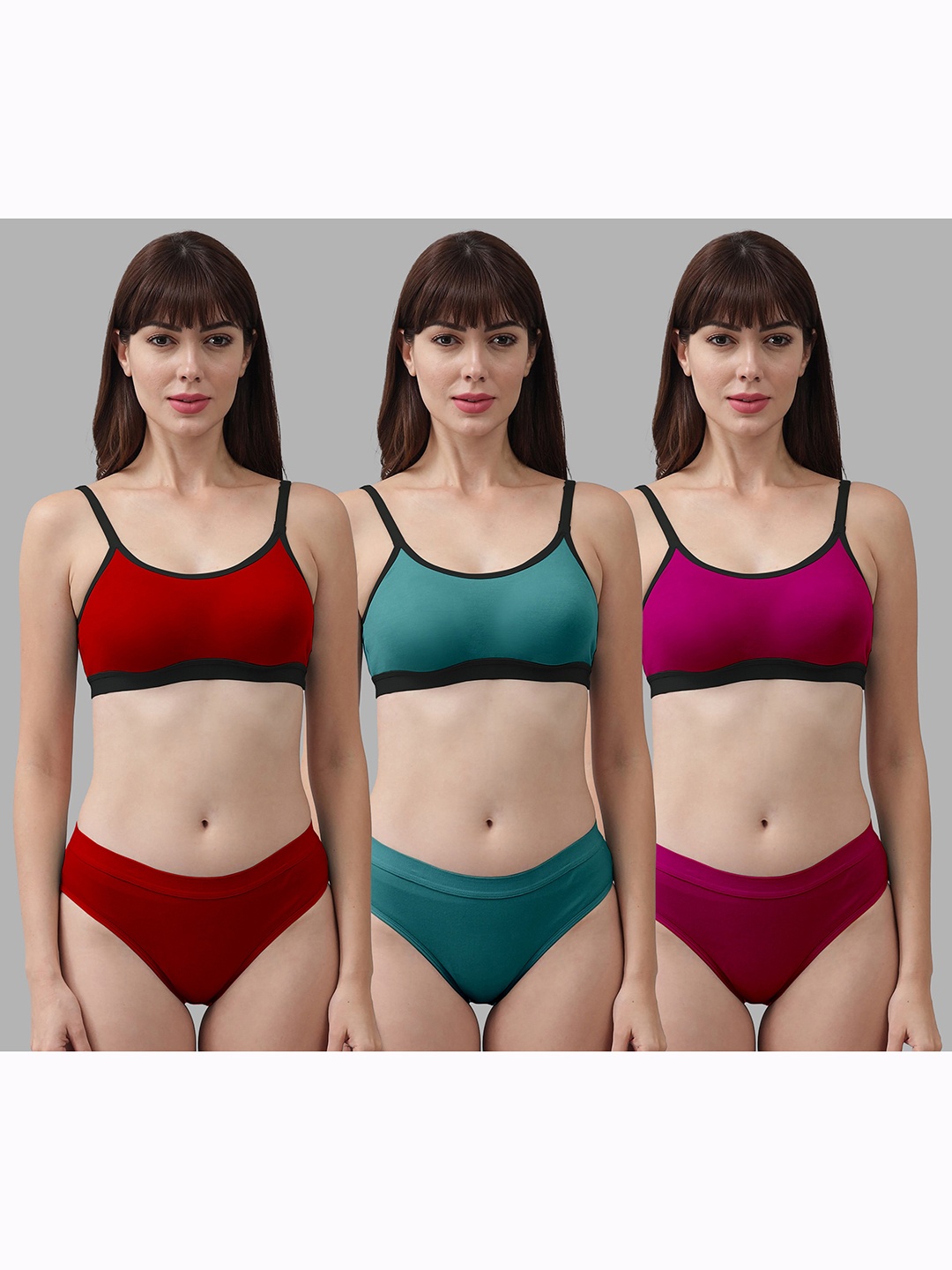 

AROUSY Pack Of 3 Cotton Mid-Rise Briefs & Non Padded Bra, Red