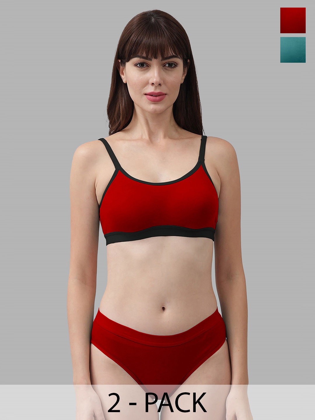 AROUSY Pack Of 2 Cotton Lingerie Set AR_M_CNORA_Red,Green_30