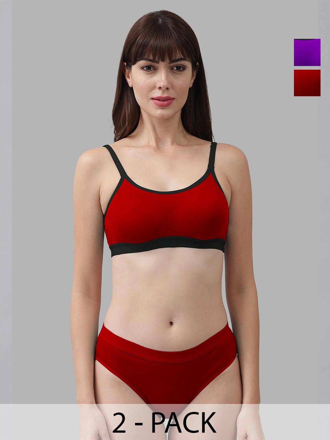 

AROUSY Pack Of 2 Non Padded Cotton Bra With Bikini Brief, Red