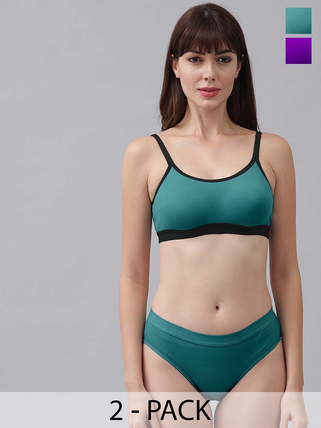 

PIBU Pack Of 2 Non Padded Cotton Bra With Bikini Brief, Green
