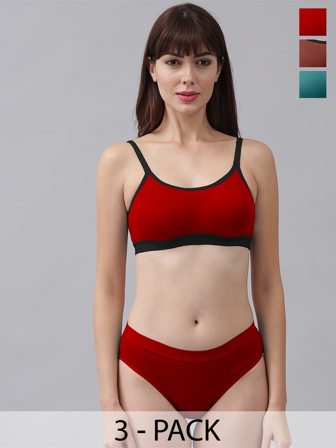 

PIBU Pack of 3 Non Padded Cotton Lingerie Set PI_M_CNORA_Red,Green,Maroon_30