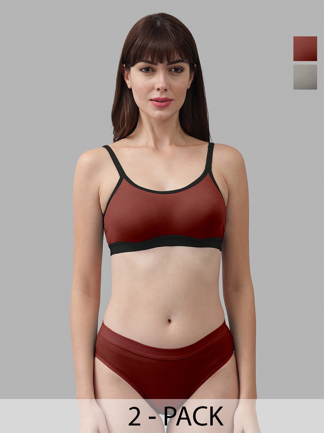 

PIBU Pack Of 2 Non Padded Cotton Bra With Brief, Maroon