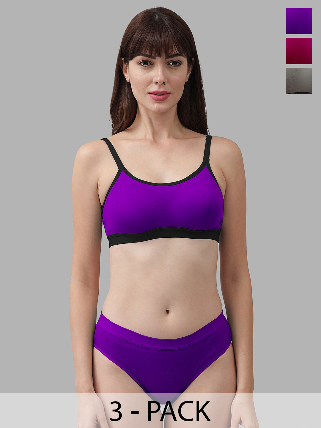 

PIBU Pack Of 3 Mid-Rise Cotton Brief Lingerie Set, Purple
