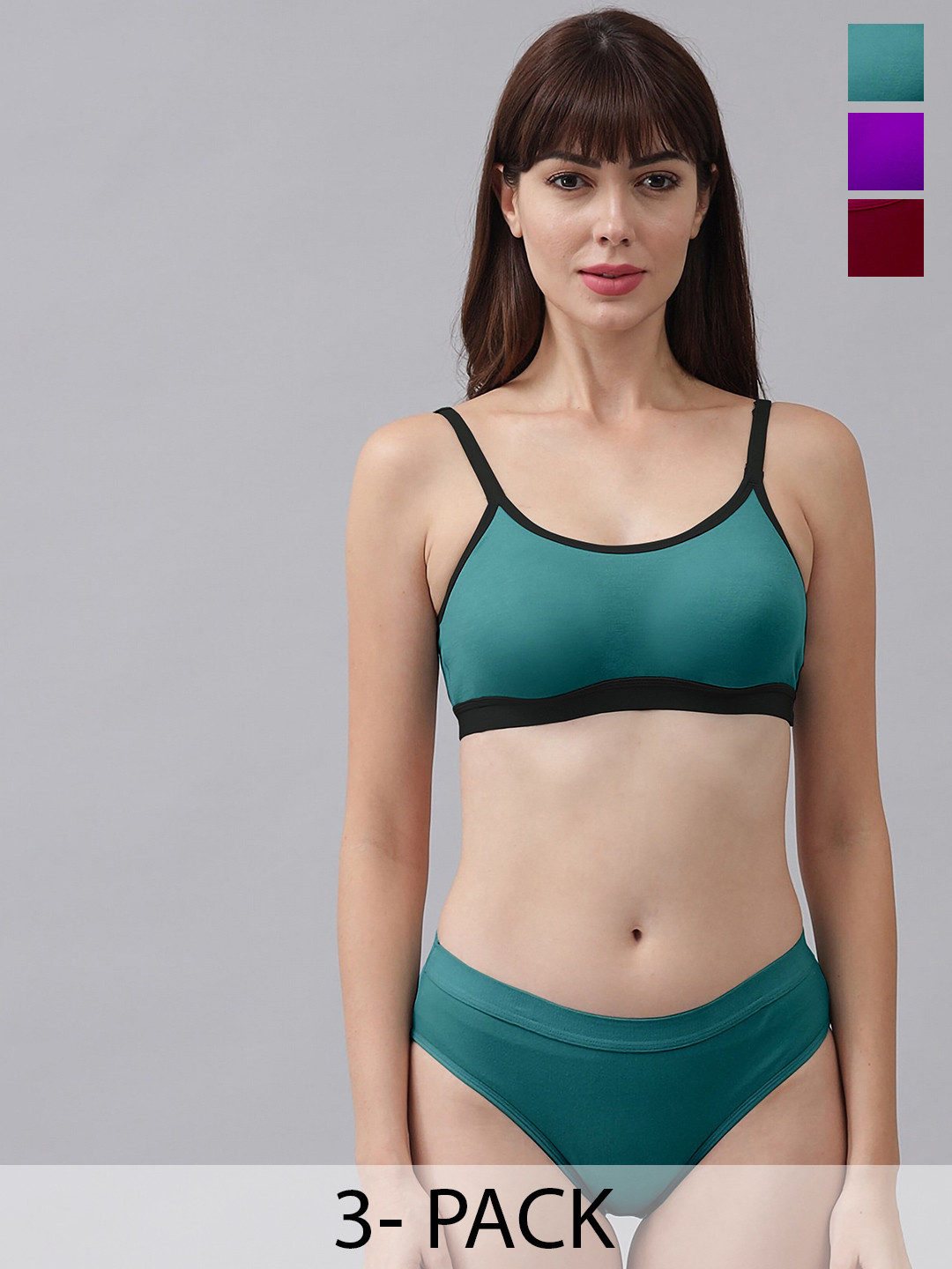 

PIBU Pack Of 3 Non Padded Cotton Bra With Bikini Brief, Green