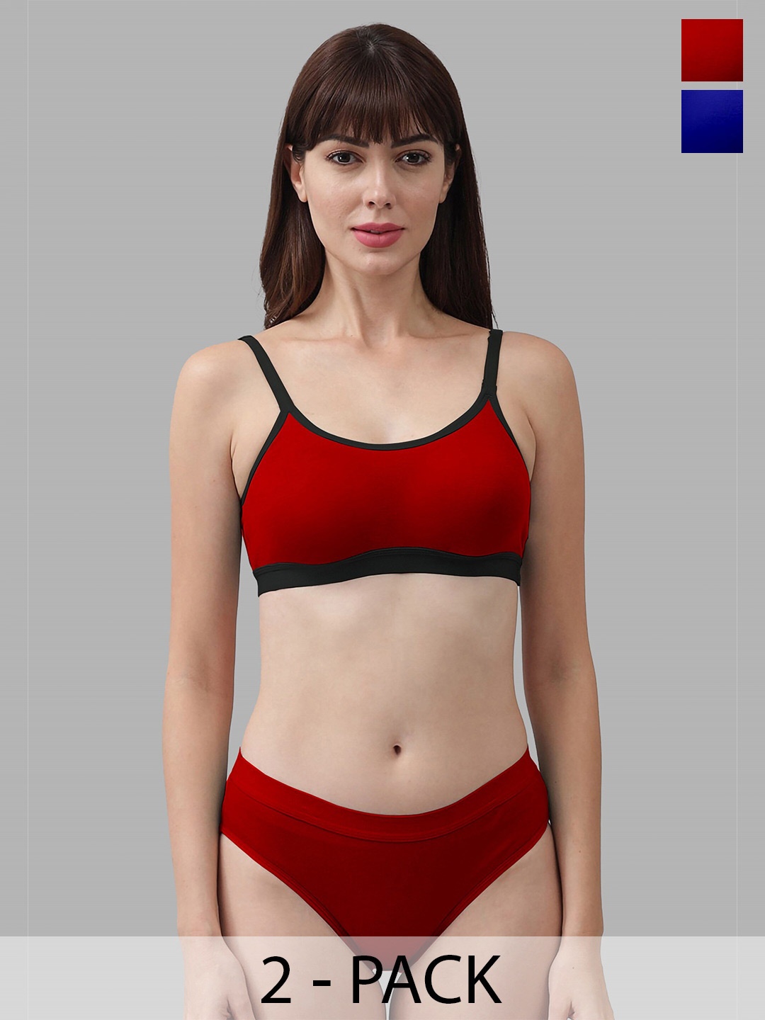 

PIBU Pack Of 2 Non Padded Cotton Bra With Brief, Red