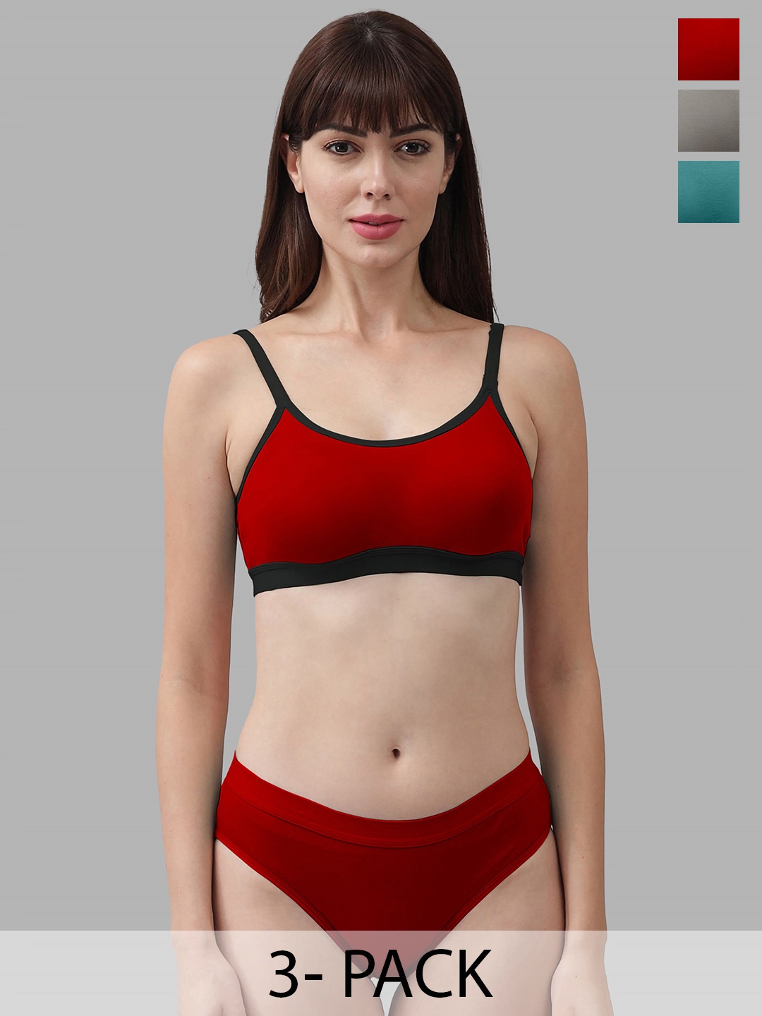 

PIBU Pack of 3 Cotton Non-Padded Lingerie Set PI_M_CNORA_Red,Green,Grey_30
