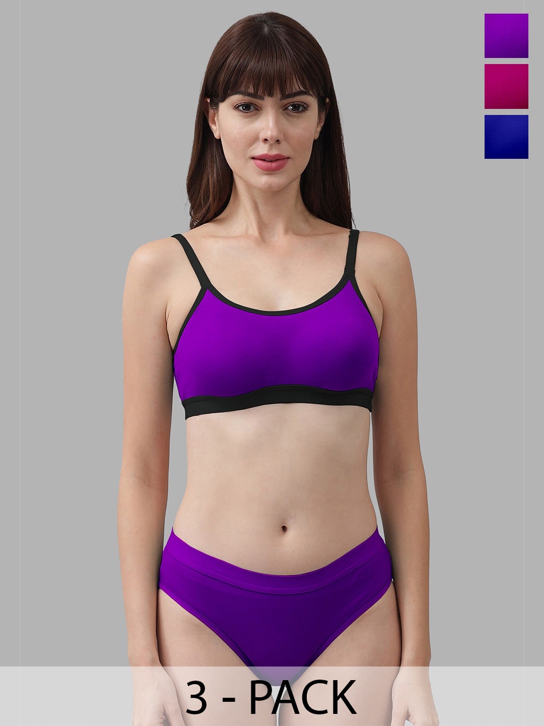 

PIBU Pack Of 3 Cotton Lingerie Set, Purple