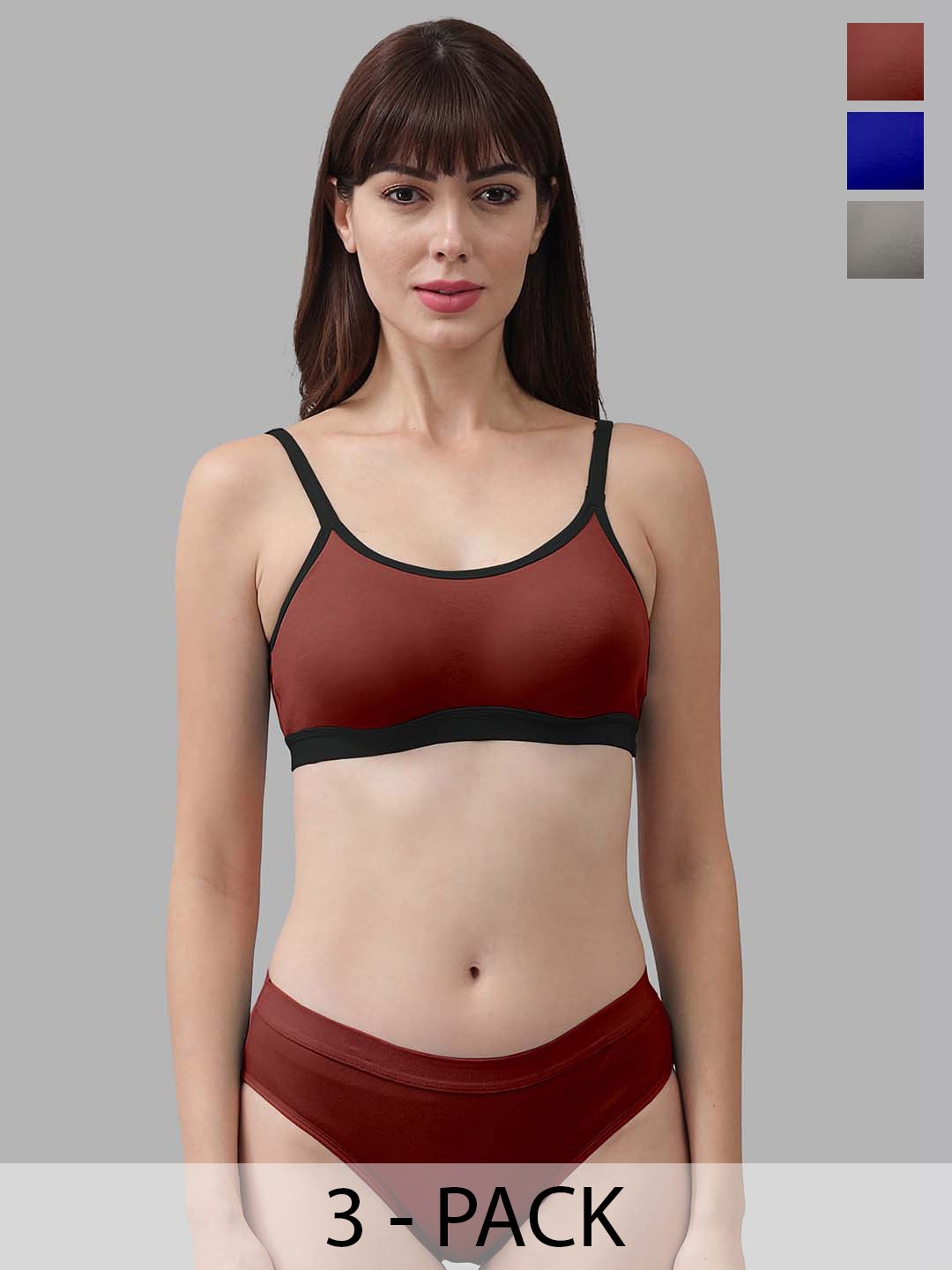 

PIBU Pack Of 3 Cotton Lingerie Set, Maroon