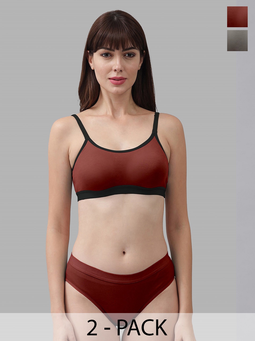 

PIBU Pack of 2 Cotton Lingerie Set, Maroon