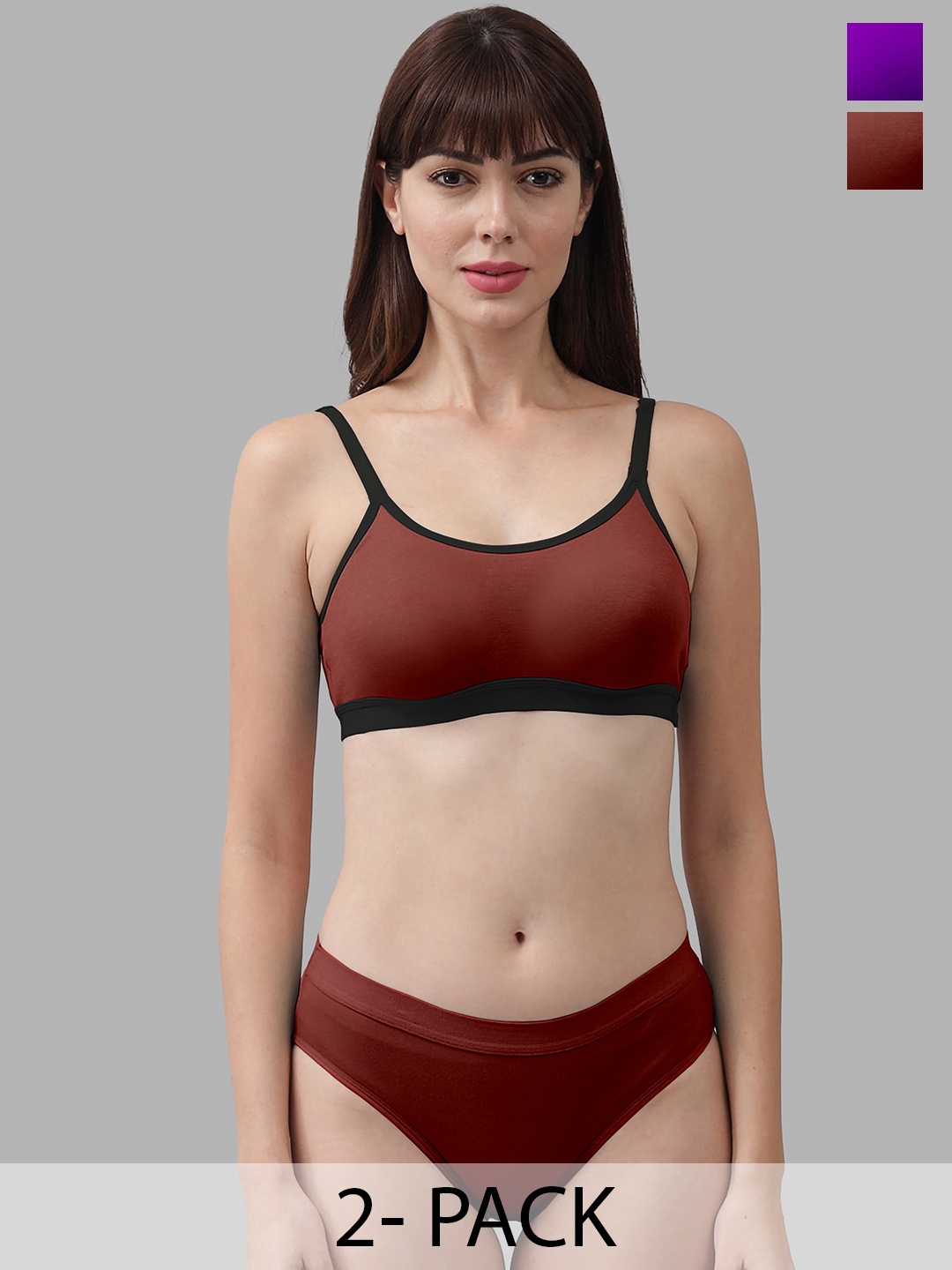PIBU Pack Of 2 Cotton Lingerie Set, Maroon