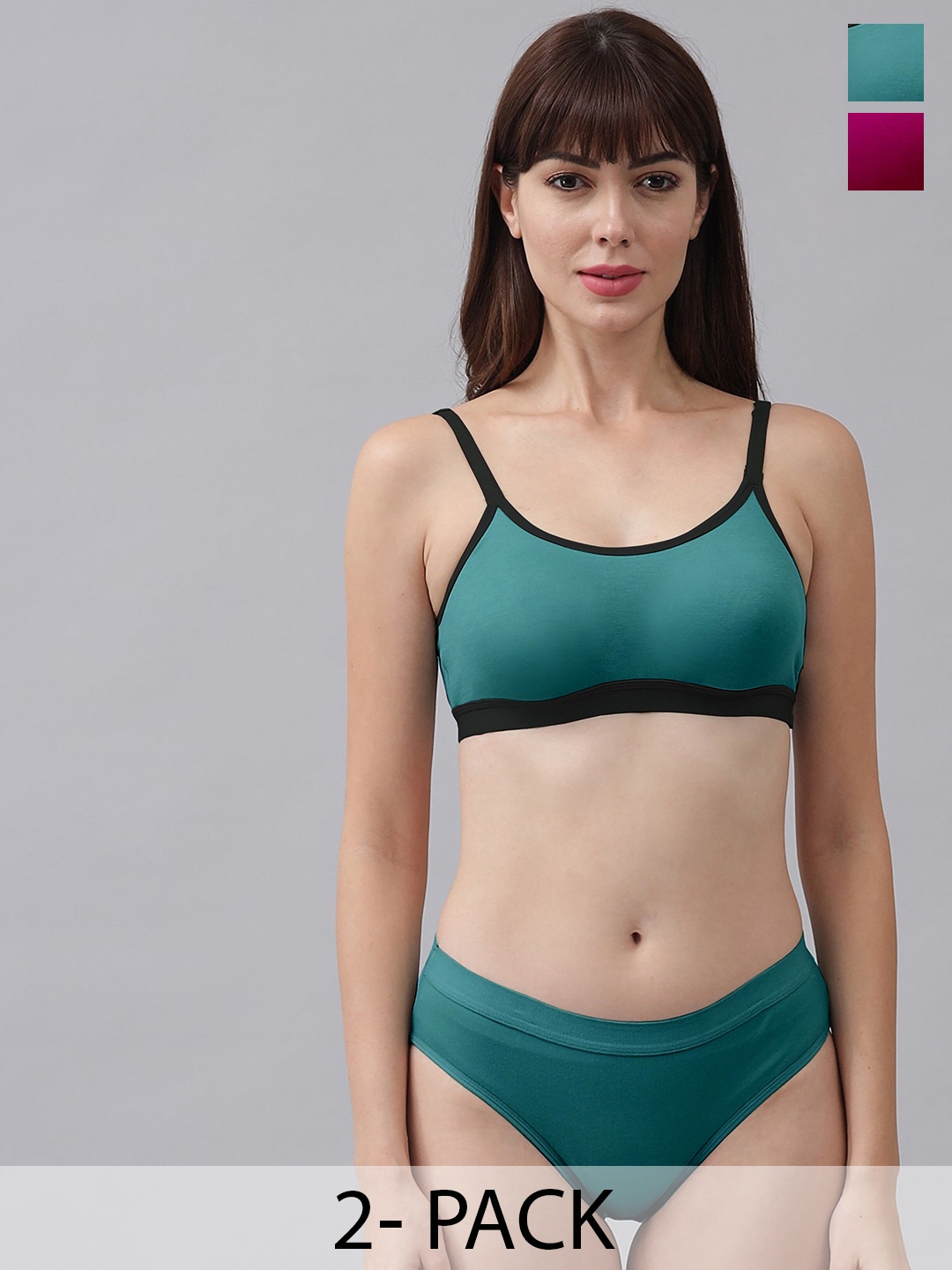 PIBU Pack Of 2 Non Padded Cotton Bra With Bikini Brief, Green