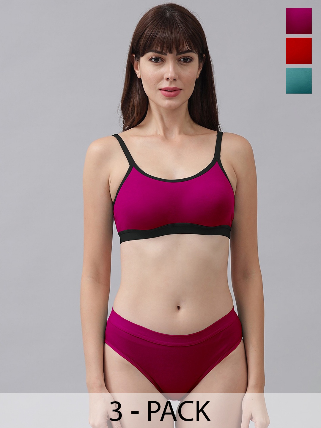 PIBU Pack Of 3 Cotton Non-Padded Lingerie Sets, Red