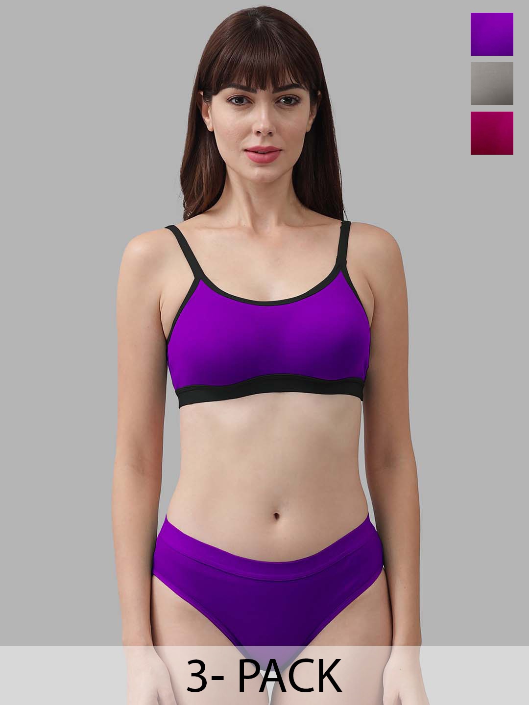 

Aamarsh Pack Of 3 Non Padded Cotton Bra With Bikini Brief, Purple