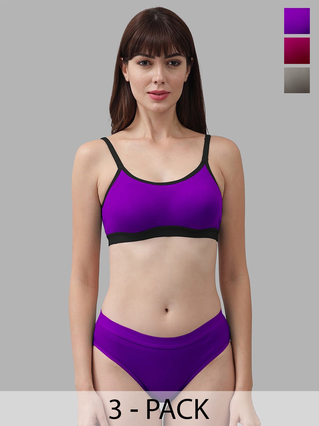 

Aamarsh Pack Of 3 Cotton Mid-Rise Briefs & Non Padded Bra, Purple