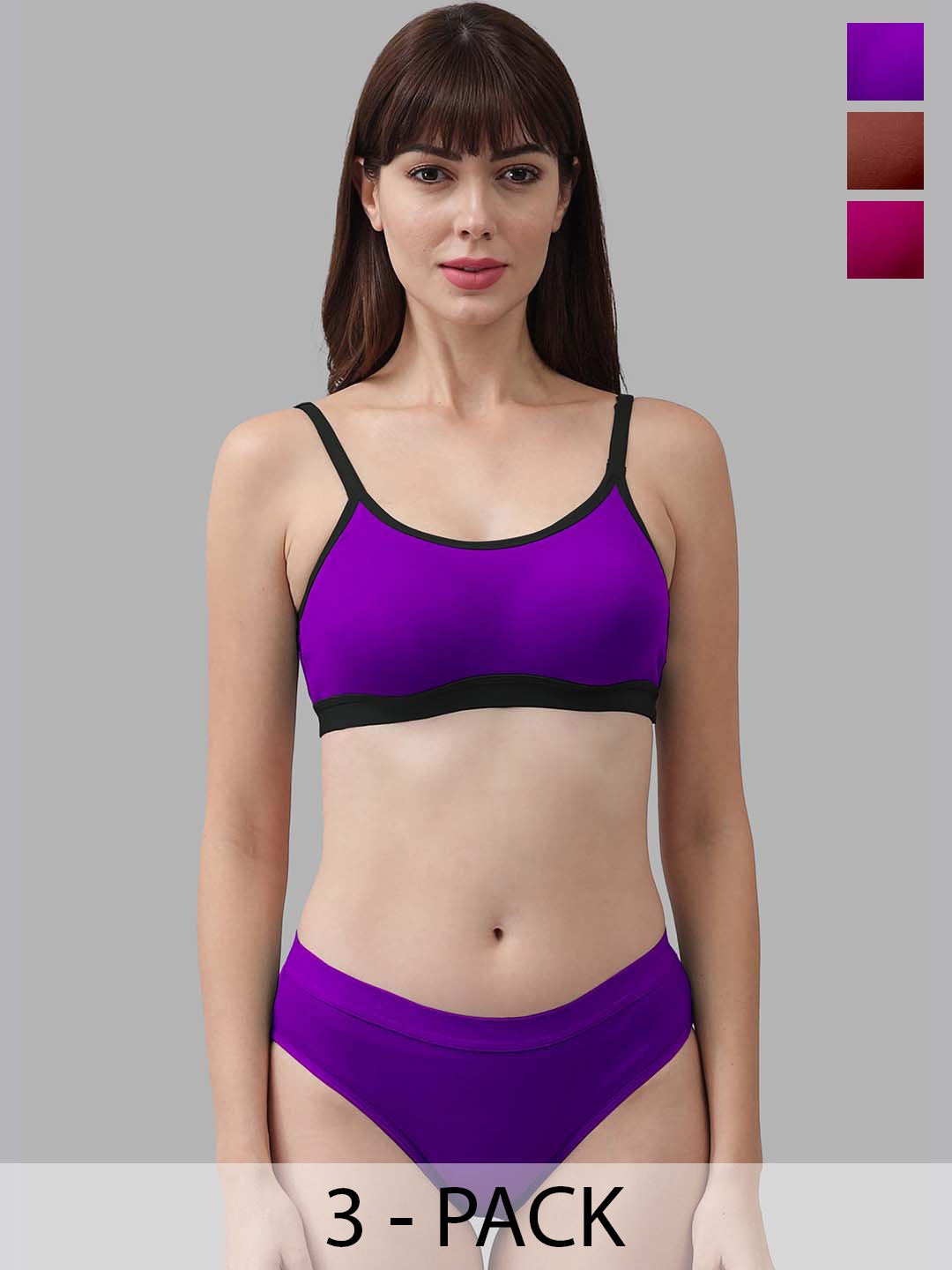 

Aamarsh Pack Of 3 Non Padded Cotton Bra With Bikini Brief, Purple