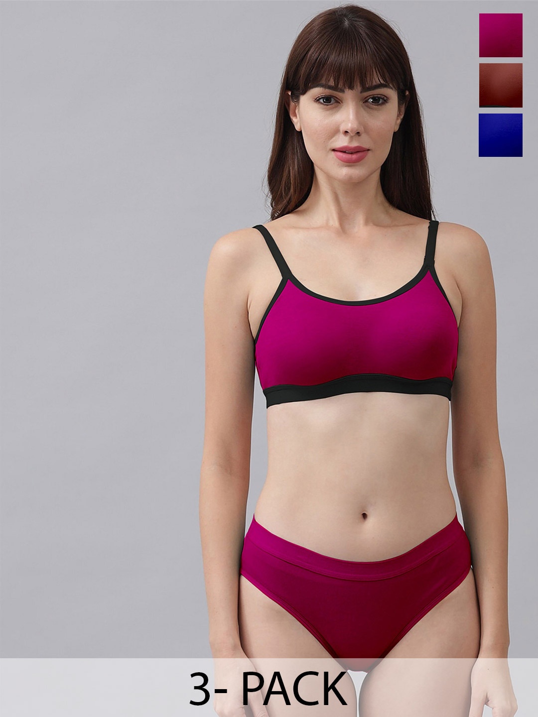 Aamarsh Pack of 3 Non Padded Cotton Lingerie Set AA_M_CNORA_Pink,Maroon,Blue_30