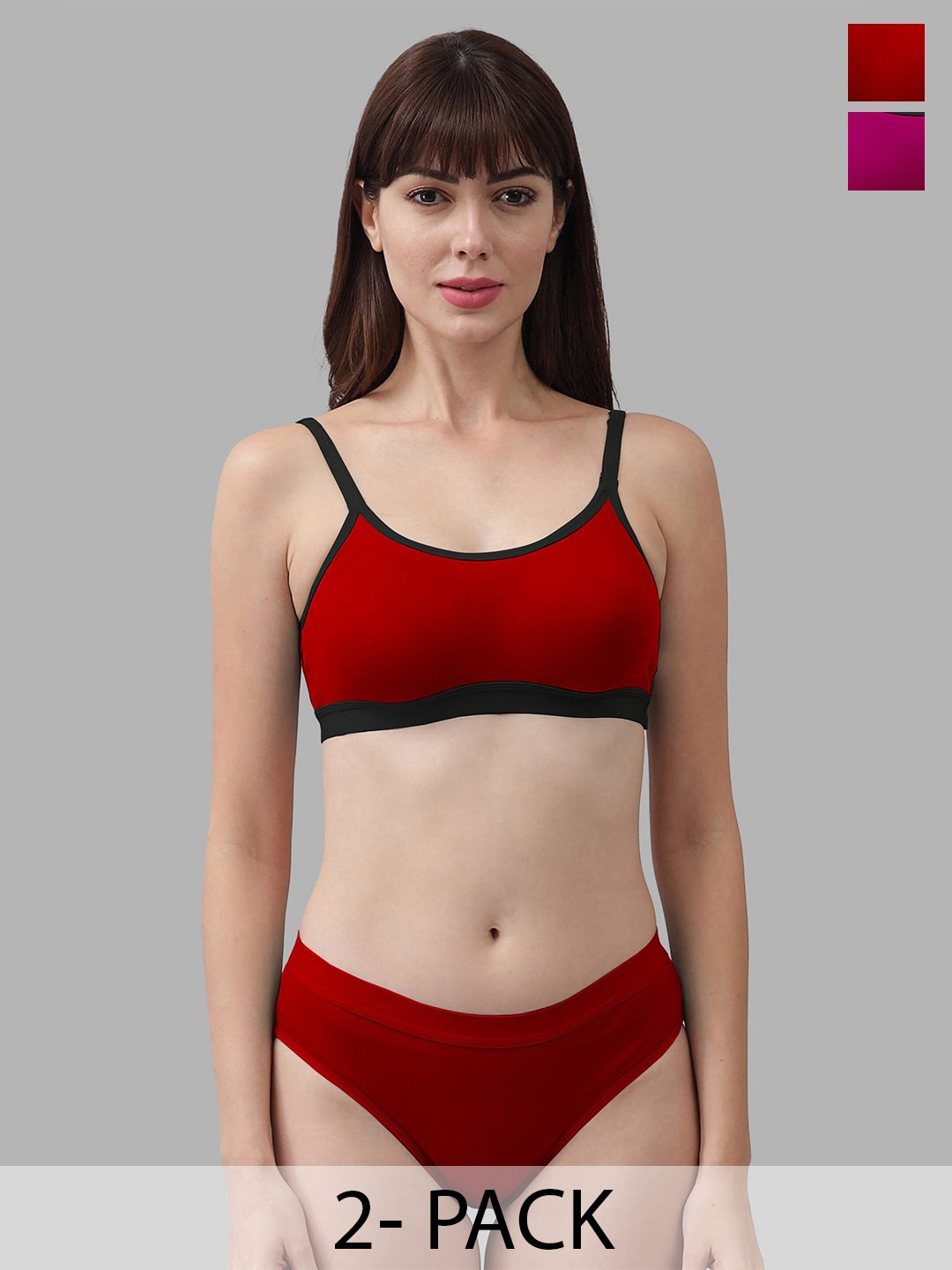 Aamarsh Pack Of 2 Non Padded Cotton Bra With Bikini Brief, Red