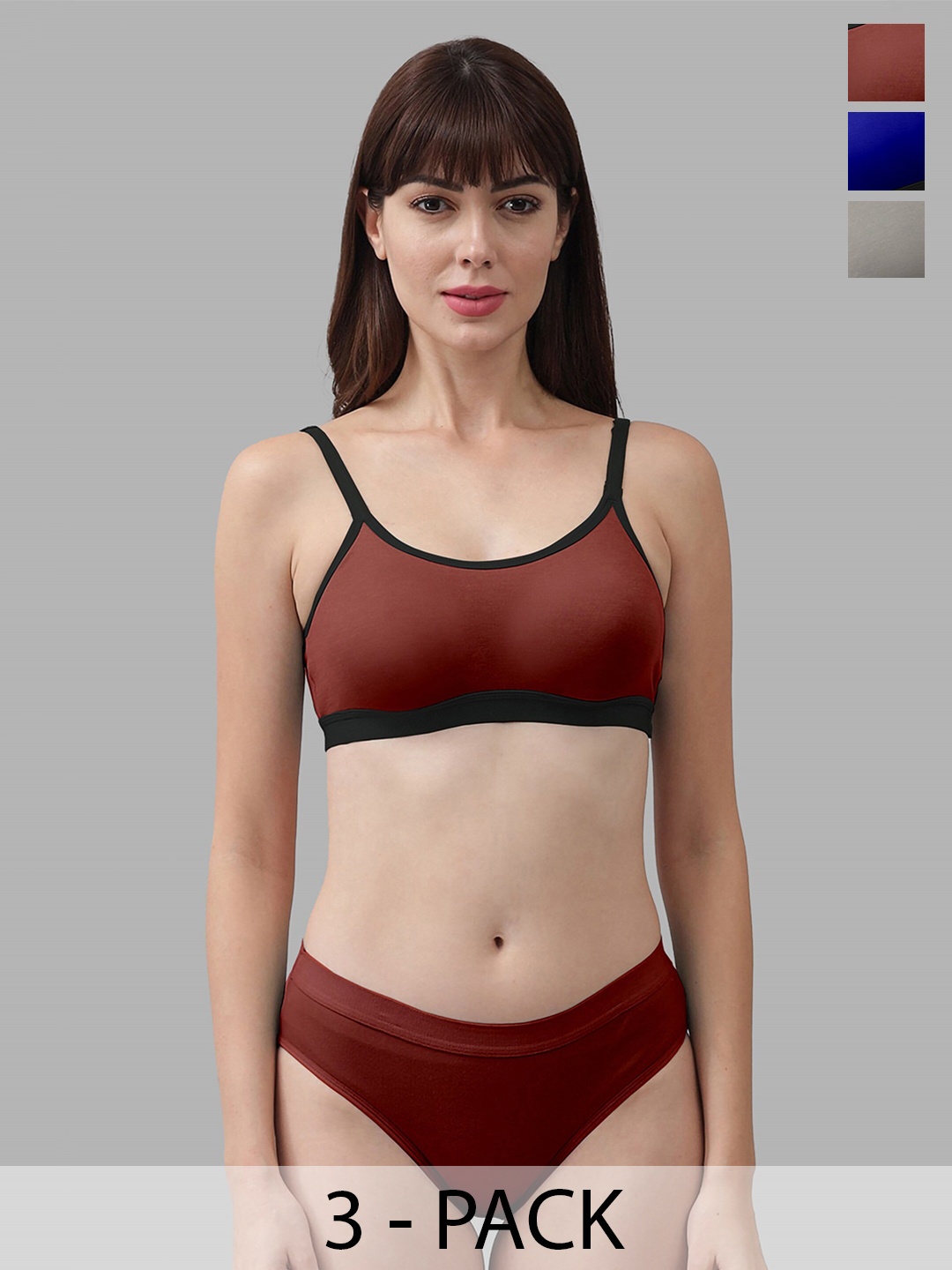 Aamarsh Pack Of 3 Cotton Lingerie Set, Maroon