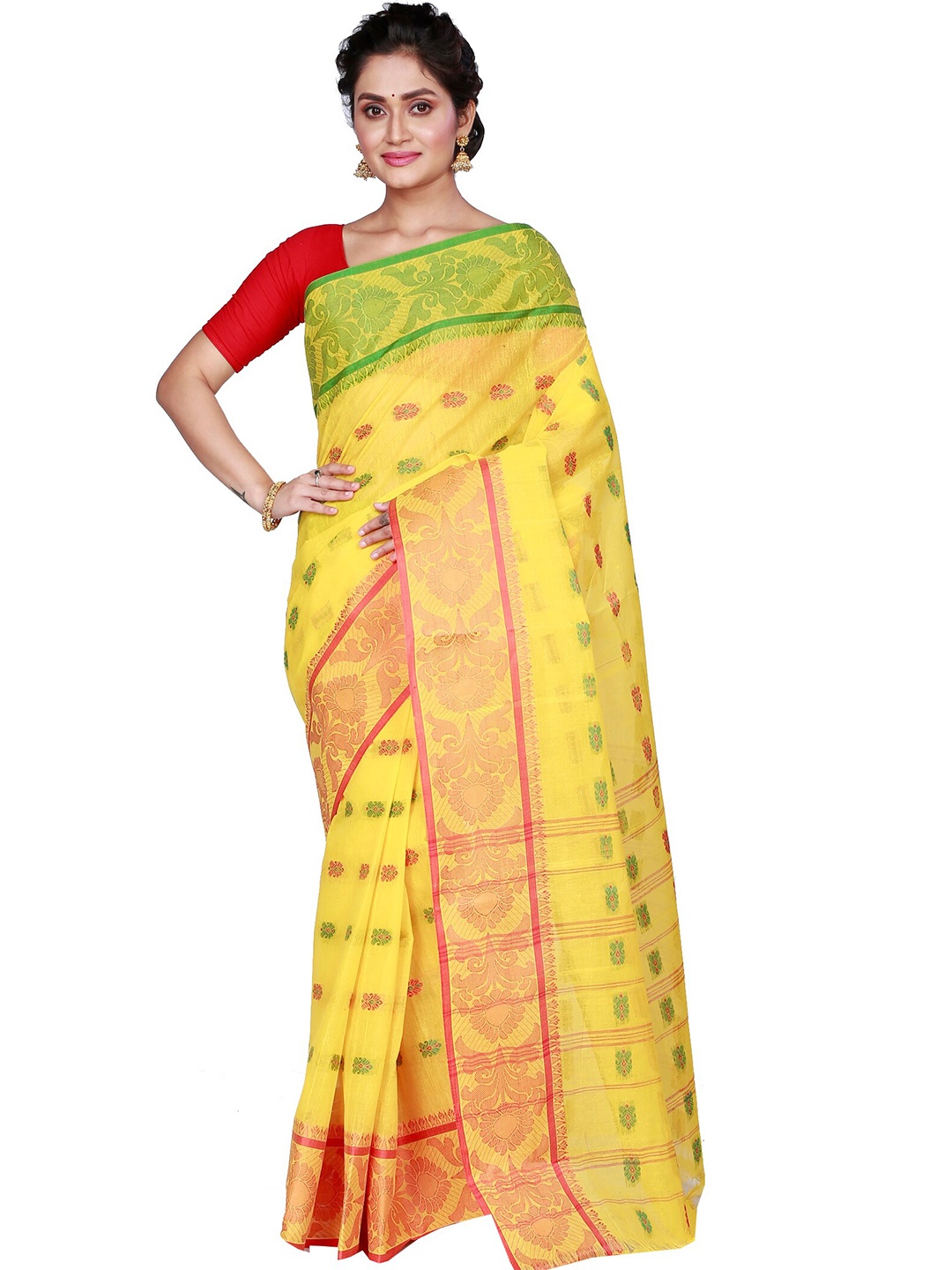 

PuJoy Woven Design Pure Cotton Taant Saree, Yellow