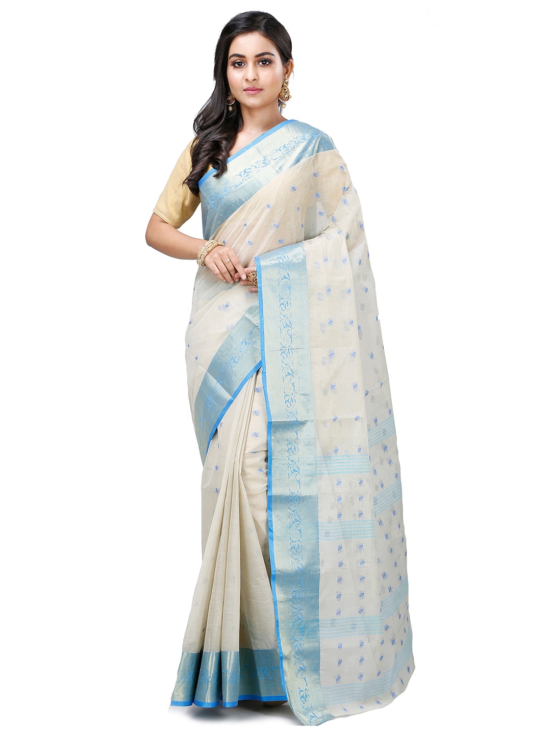 

PuJoy Floral Print Zari Pure Cotton Taant Saree, Off white