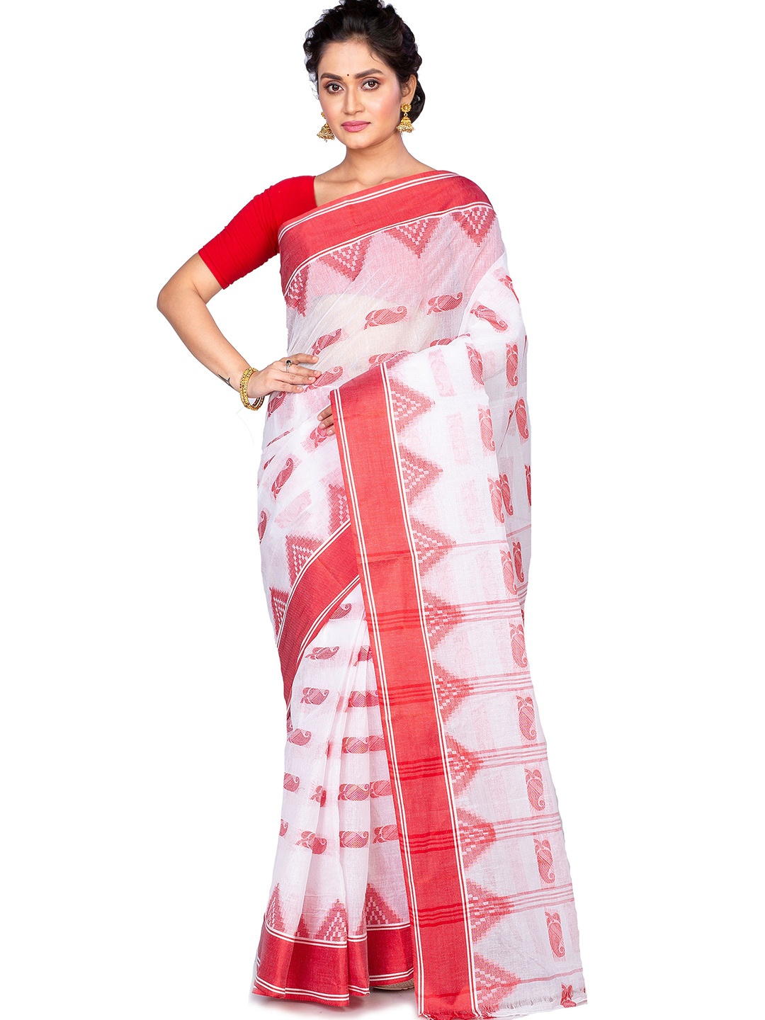 

PuJoy Woven Design Pure Cotton Handloom Taant Saree, White