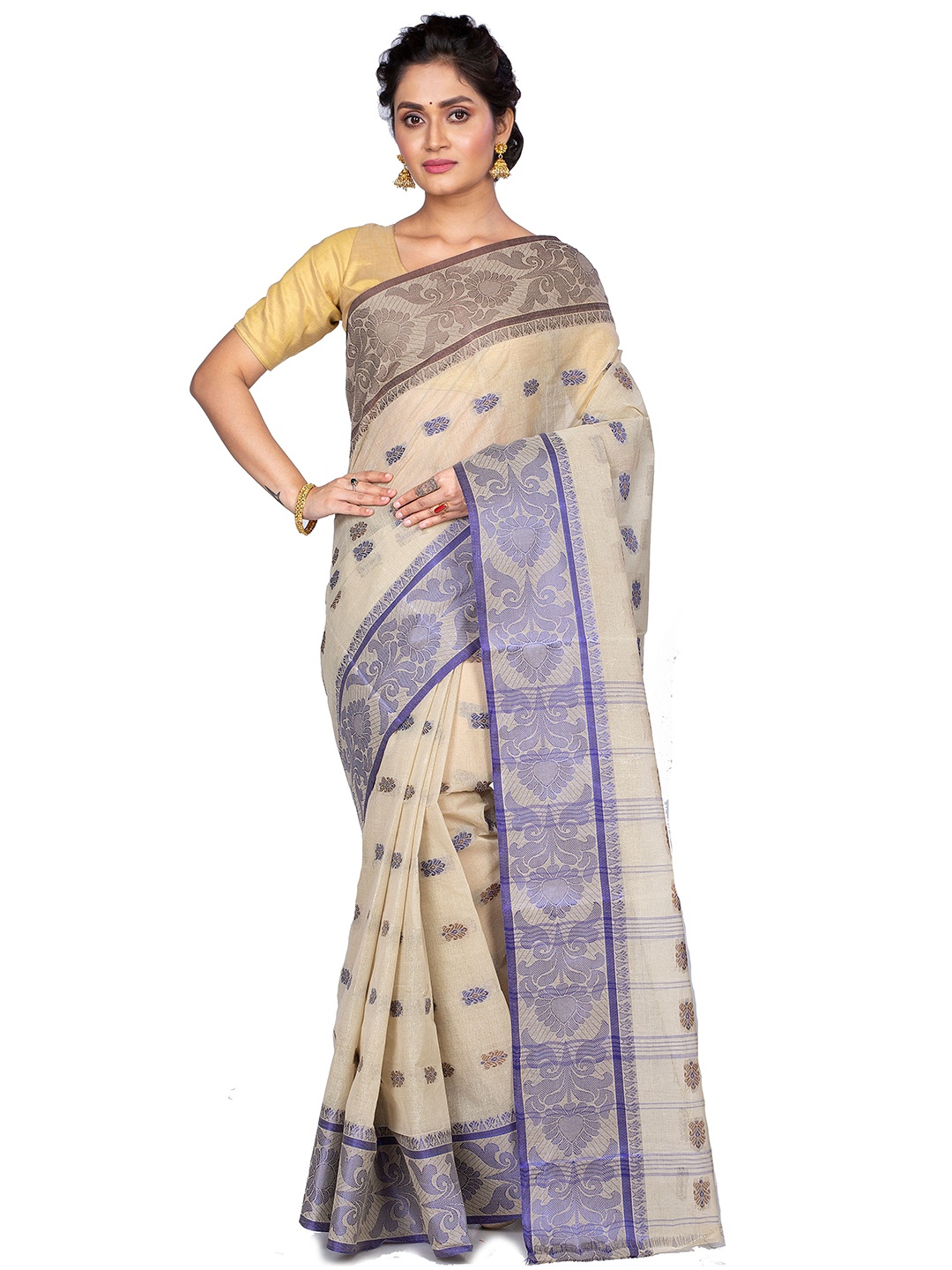 

PuJoy Woven Design Pure Cotton Taant Saree, Off white