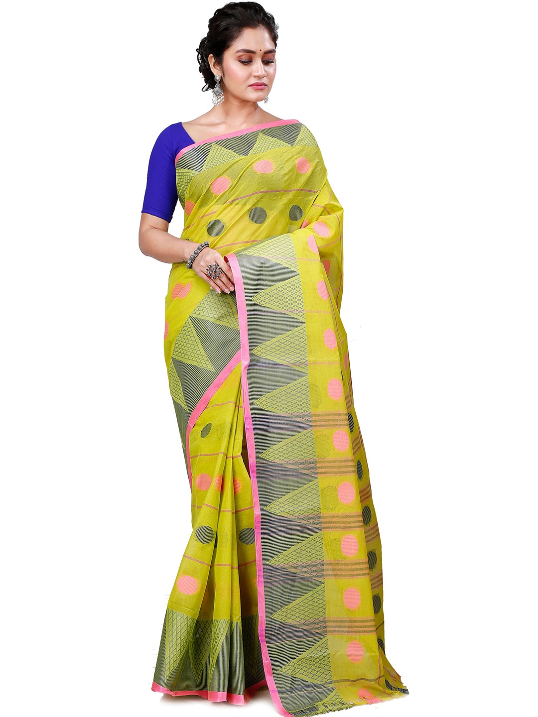 

PuJoy Woven Design Pure Cotton Taant Saree, Yellow