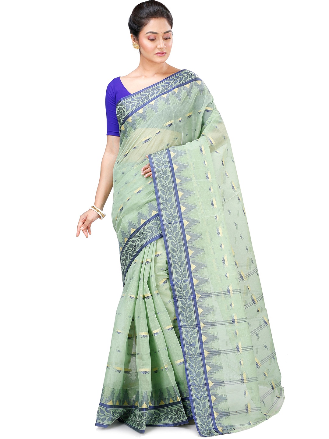 

PuJoy Ethnic Motifs Woven Design Zari Pure Cotton Handloom Taant Saree, Green