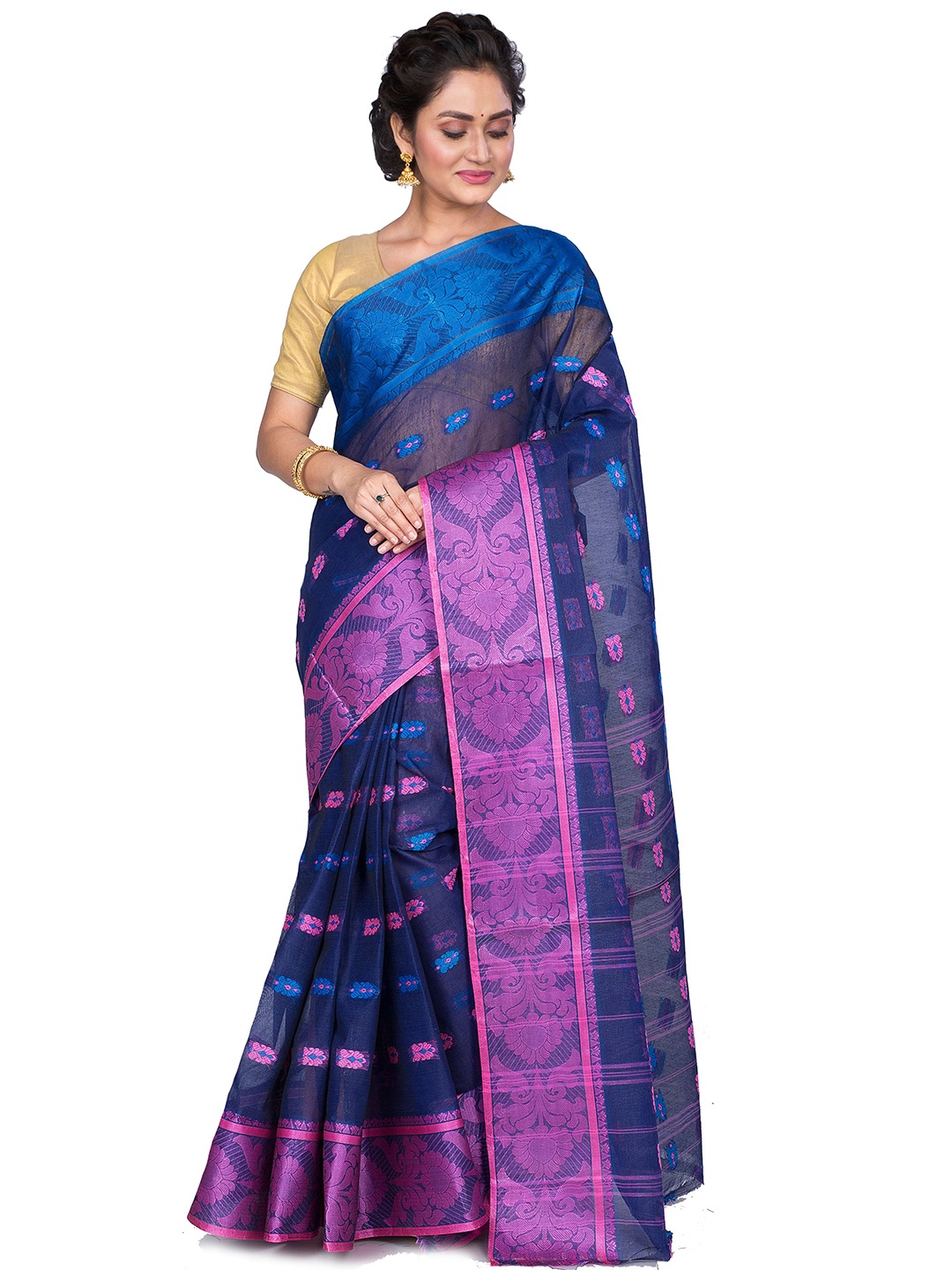 

PuJoy Woven Design Pure Cotton Taant Saree, Navy blue
