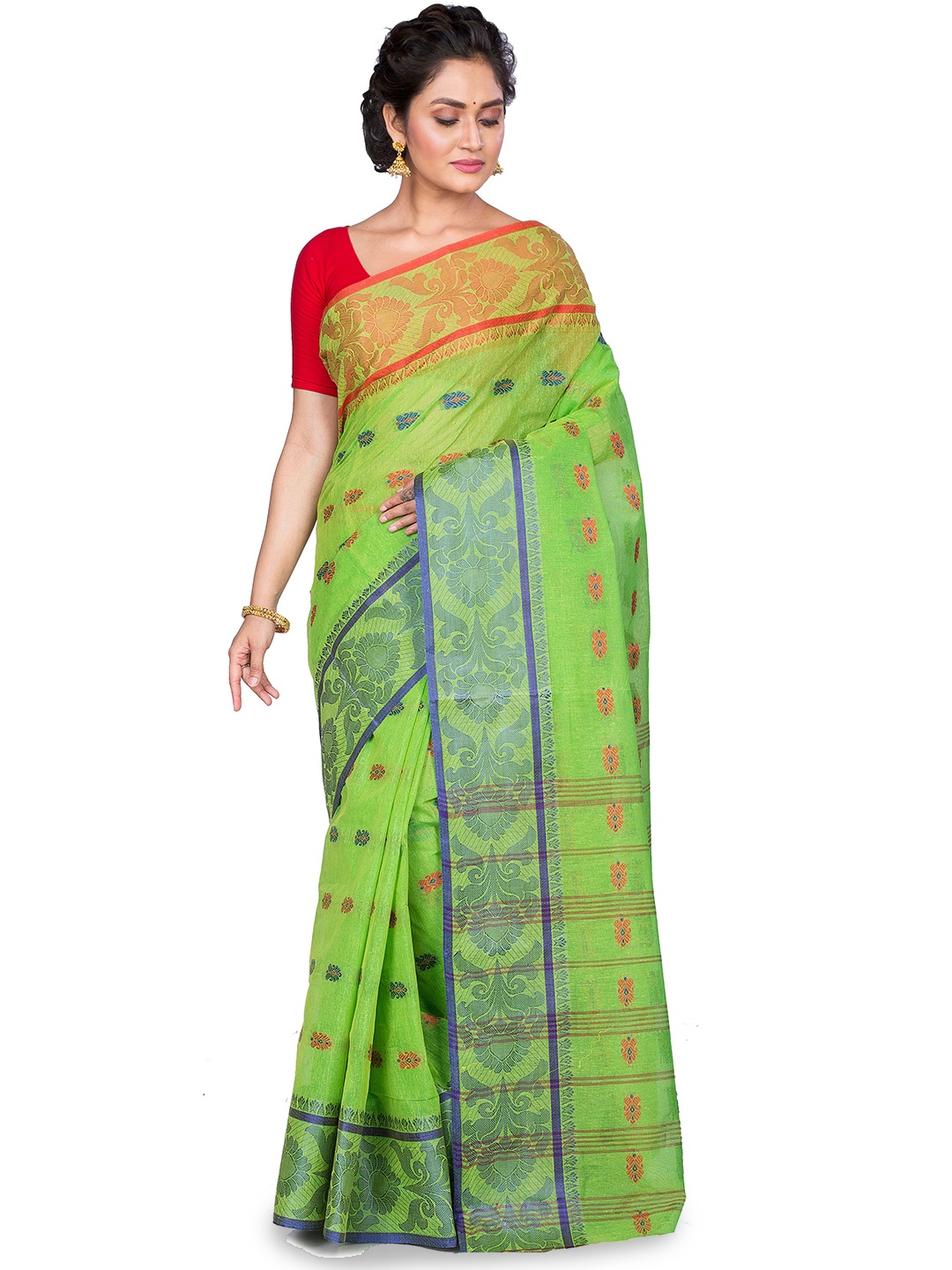 

PuJoy Green & Blue Woven Design Pure Cotton Taant Saree