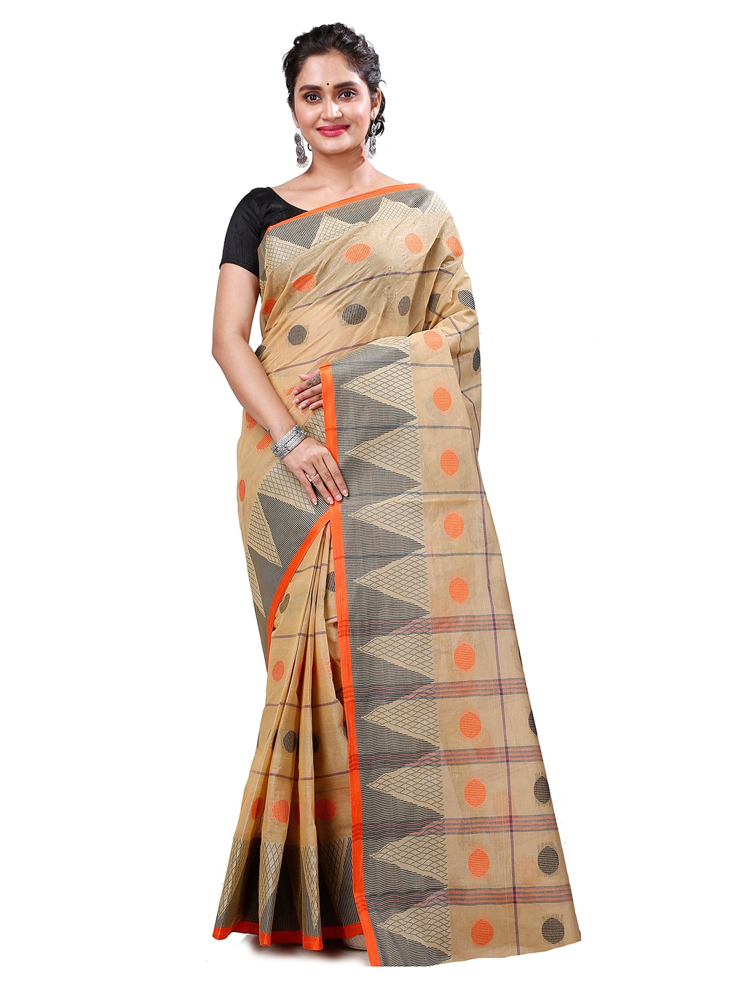 

PuJoy Woven Design Pure Cotton Taant Saree, Brown
